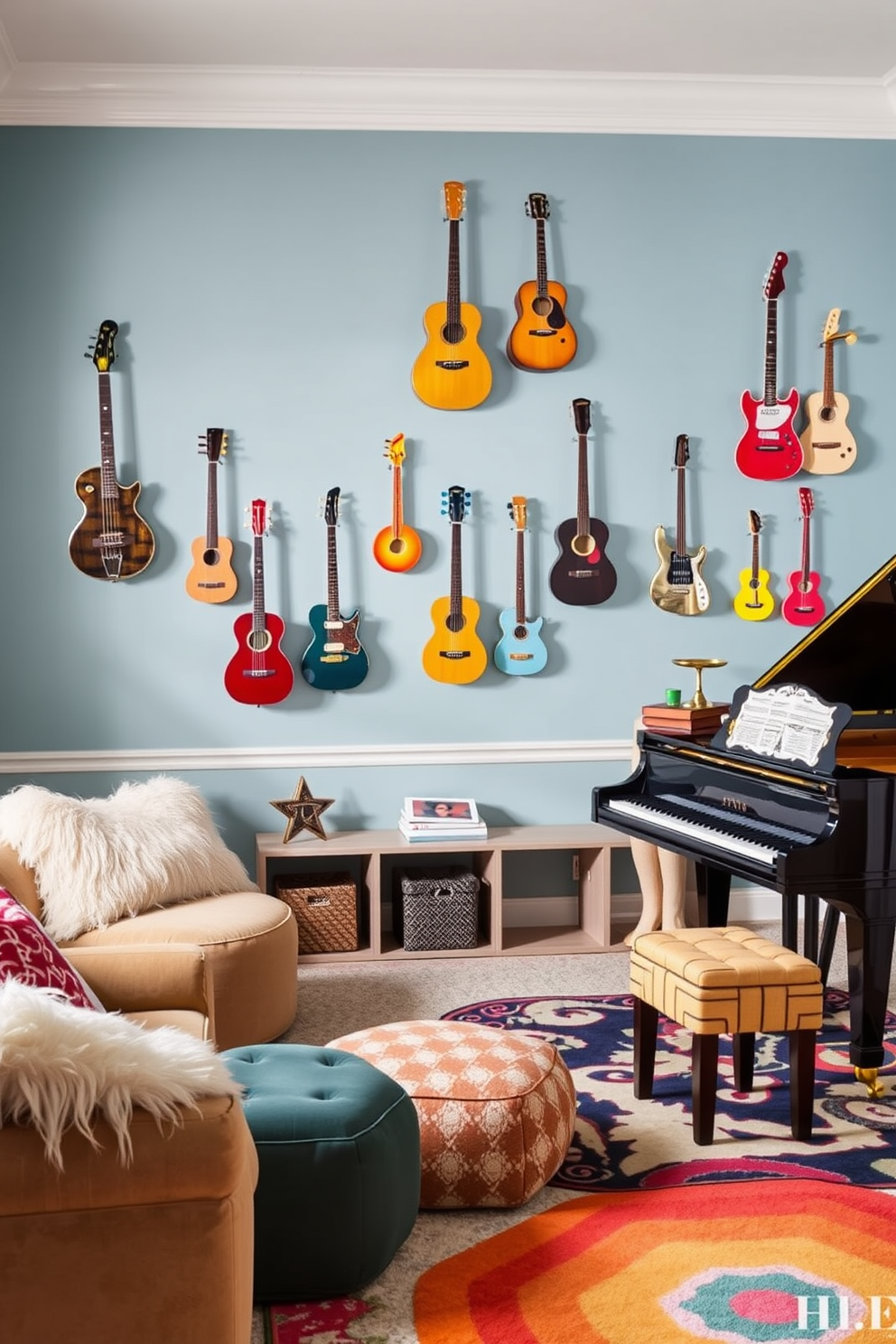 A stylish playroom featuring a cozy music corner with a grand piano and a collection of colorful musical instruments displayed on the wall. The space is adorned with playful yet elegant decor, including plush seating and vibrant rugs that invite creativity and exploration.