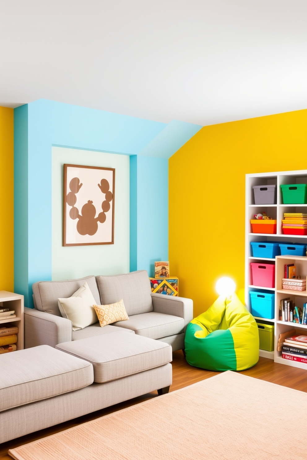 A bright playroom filled with vibrant wall colors such as sunny yellow and sky blue. The furniture features neutral tones including a soft gray sofa and a light beige rug to balance the lively hues. Colorful storage bins are neatly arranged on shelves, offering easy access to toys and games. A cozy reading nook with a plush bean bag chair and a small bookshelf creates a welcoming space for relaxation.