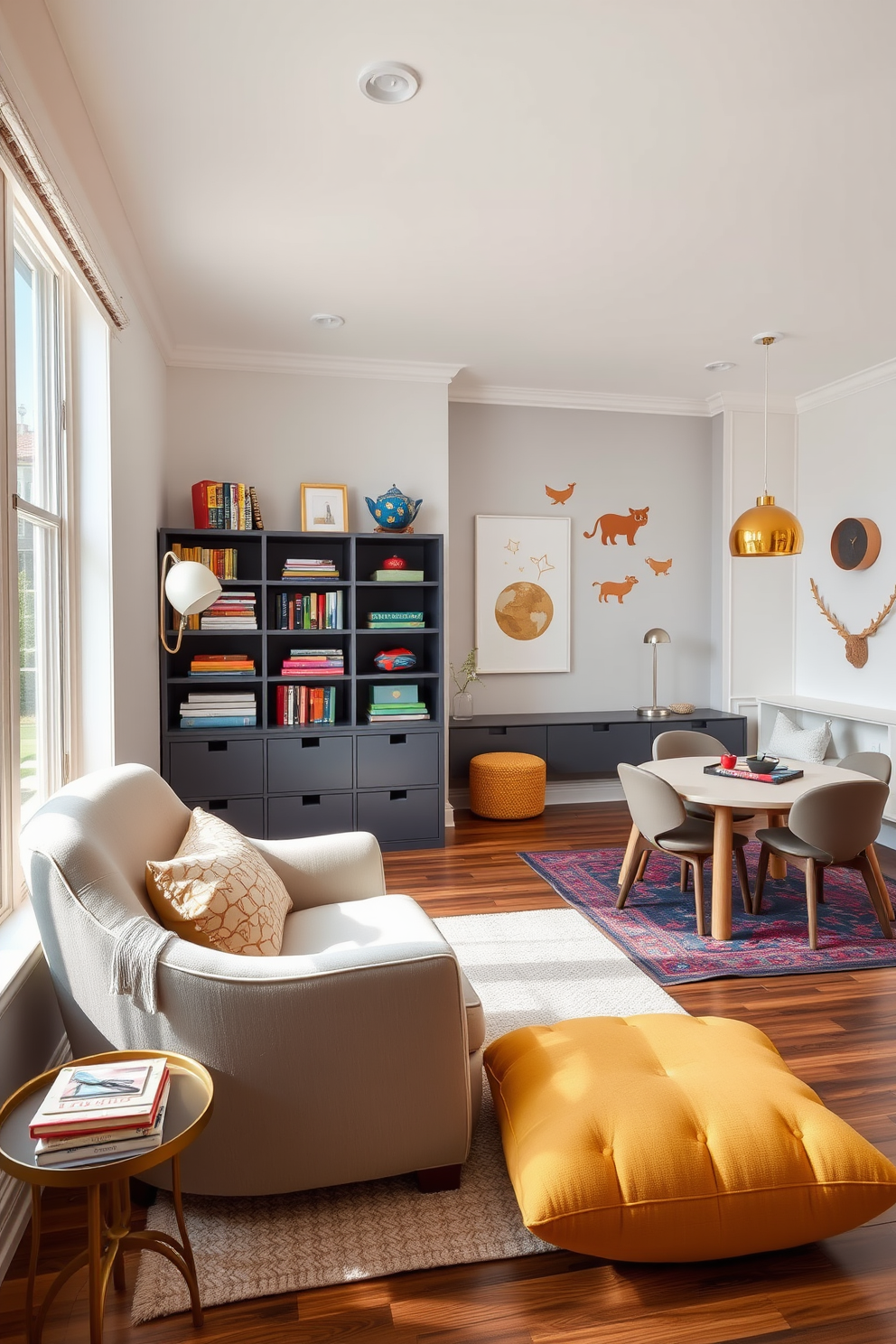 A sophisticated playroom setting features playful yet elegant textiles throughout the space. Plush area rugs in vibrant colors cover the hardwood floor, while whimsical curtains frame the large windows, allowing natural light to fill the room. The seating area includes a stylish sectional sofa adorned with patterned throw pillows that invite comfort and creativity. A large, artfully designed table in the center serves as a space for crafts, games, and imaginative play, surrounded by colorful, child-sized chairs.