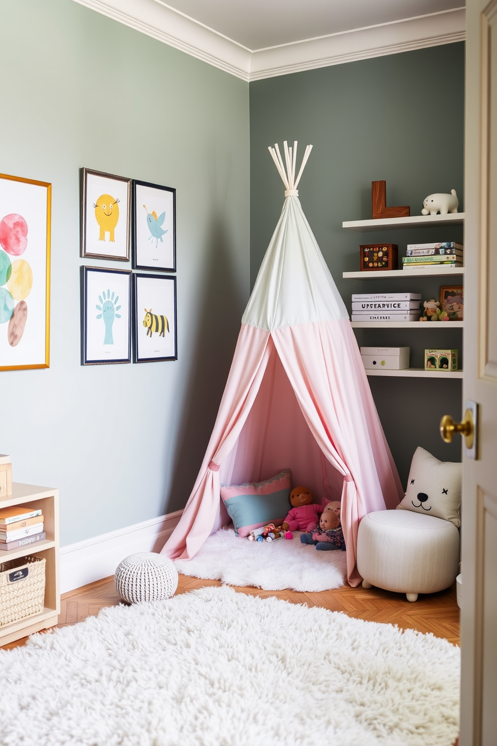 A sophisticated playroom designed for imaginative play features a cozy corner with a whimsical play tent made of soft fabrics in pastel colors. The walls are adorned with playful artwork and shelves filled with books and toys, while a plush area rug provides a comfortable space for children to explore and create.