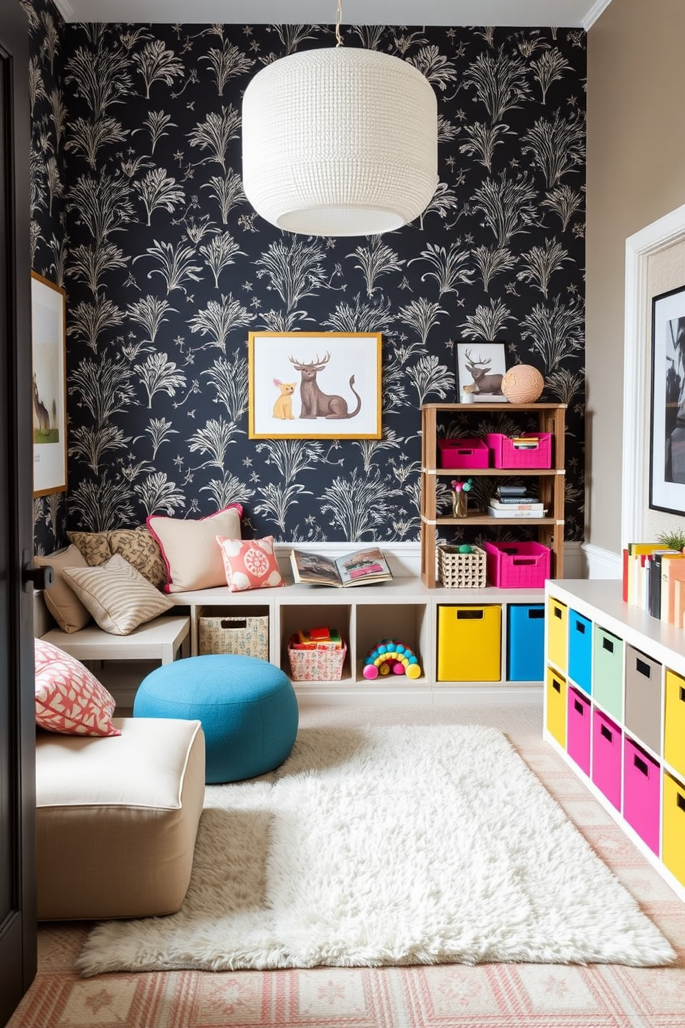 A sophisticated playroom featuring multi-functional furniture that enhances versatility. The room includes a stylish sofa bed that doubles as a seating area and a sleeping space for guests. In the center, a large, colorful rug defines the play area, surrounded by modular storage units that can be rearranged as needed. Brightly colored wall art and playful decor create an inviting atmosphere, while large windows allow natural light to flood the space.