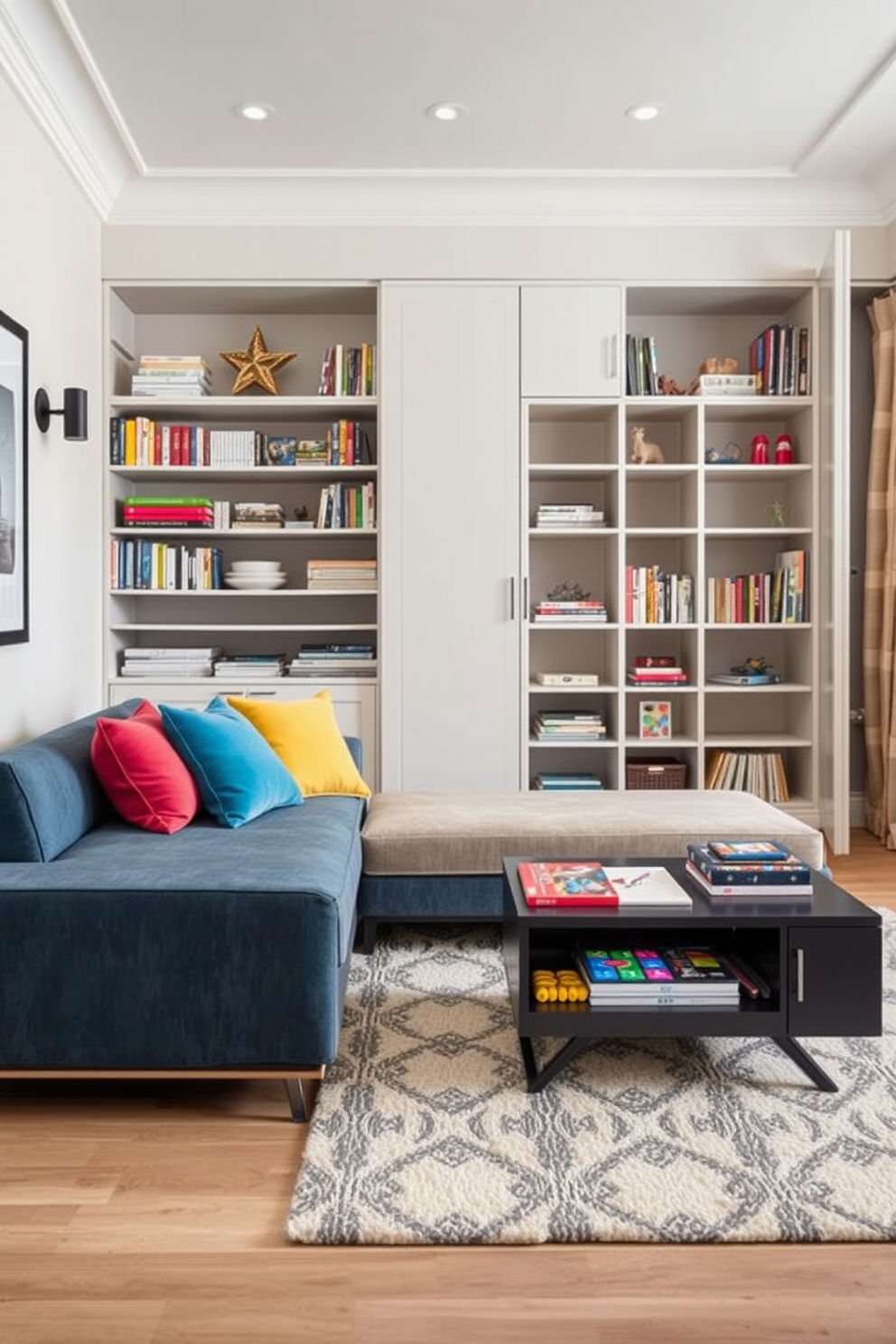 A cozy reading nook corner features a plush armchair upholstered in soft fabric, positioned next to a large window that allows natural light to flood the space. A small side table holds a stack of books and a warm cup of tea, while a floor lamp with a warm glow provides additional lighting for evening reading. Sophisticated playroom design ideas include a stylish play table with colorful chairs that encourage creativity and collaboration among children. The walls are adorned with playful yet elegant artwork, and a soft area rug anchors the space, providing a comfortable area for play and relaxation.