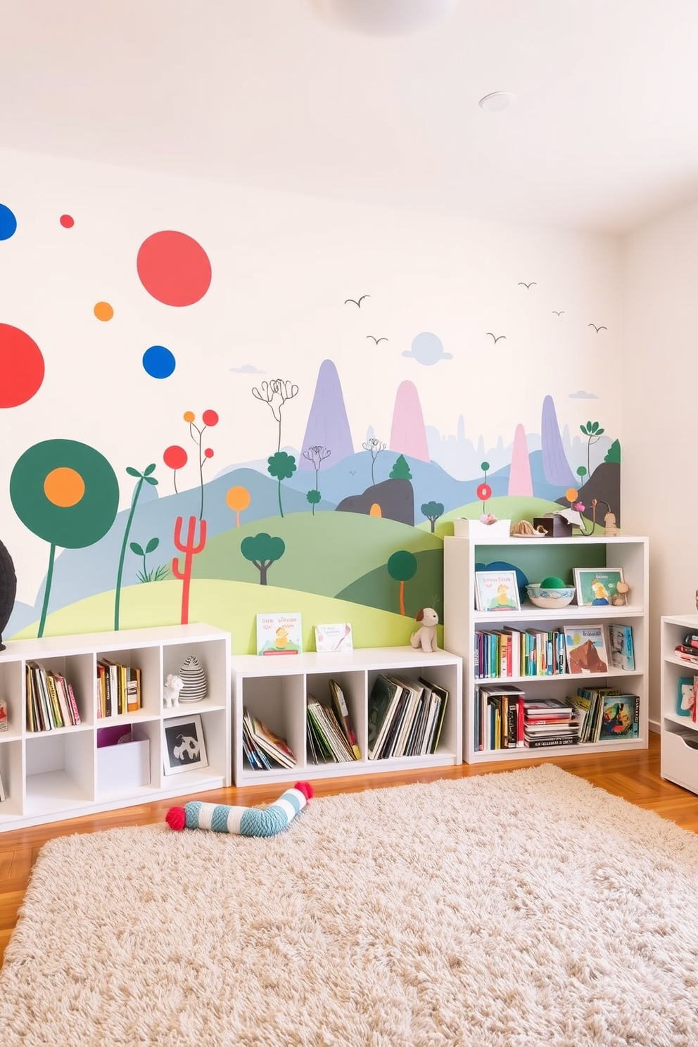 Create an art display wall for kids. The wall is painted in a soft pastel color and features a variety of frames in different sizes showcasing children's artwork. Sophisticated Playroom Design Ideas. The playroom includes a plush area rug, stylish storage solutions, and a mix of modern furniture pieces that encourage both play and relaxation.