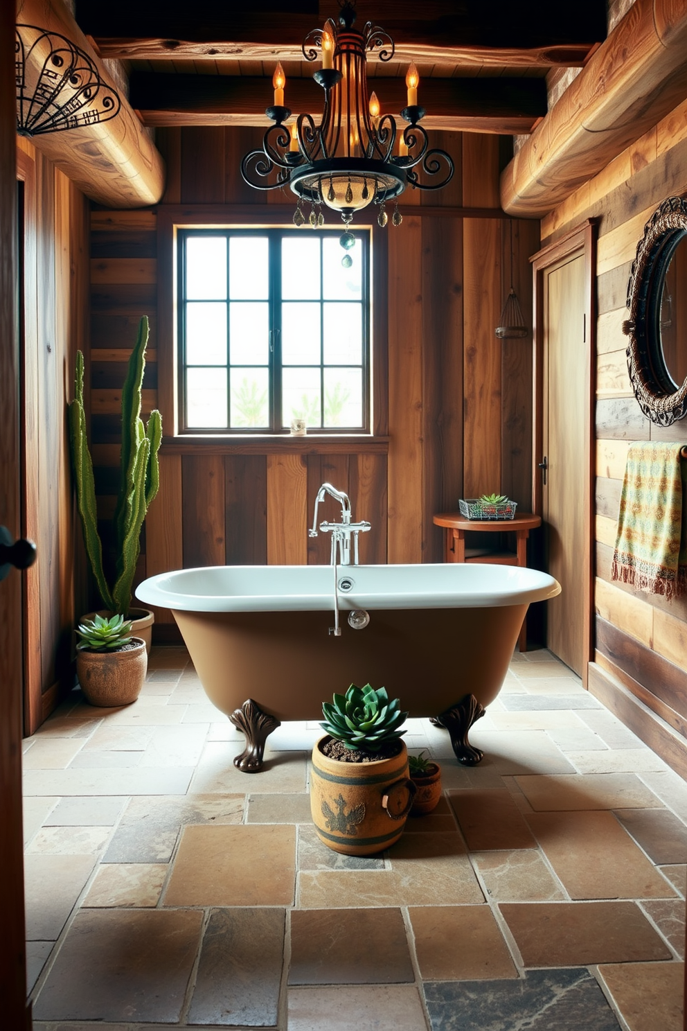 A Southwestern bathroom design featuring rustic wood accents and warm earthy colors. The walls are adorned with terracotta tiles, and a reclaimed wood vanity complements the space while providing ample storage.