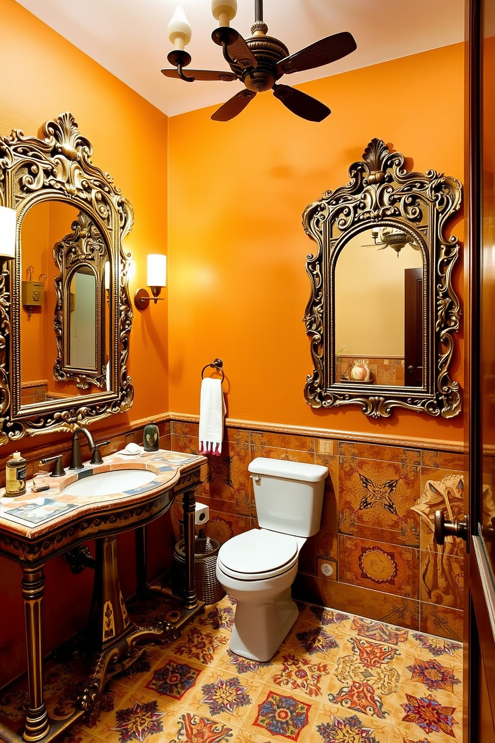 Antique mirrors with ornate frames adorn the walls of a Southwestern bathroom, adding a touch of elegance and vintage charm. The color palette features warm earth tones, complemented by terracotta tiles and wooden accents throughout the space. Rustic wooden cabinetry provides ample storage while enhancing the natural aesthetic of the room. Decorative elements such as woven baskets and potted cacti bring a vibrant Southwestern flair to the design.