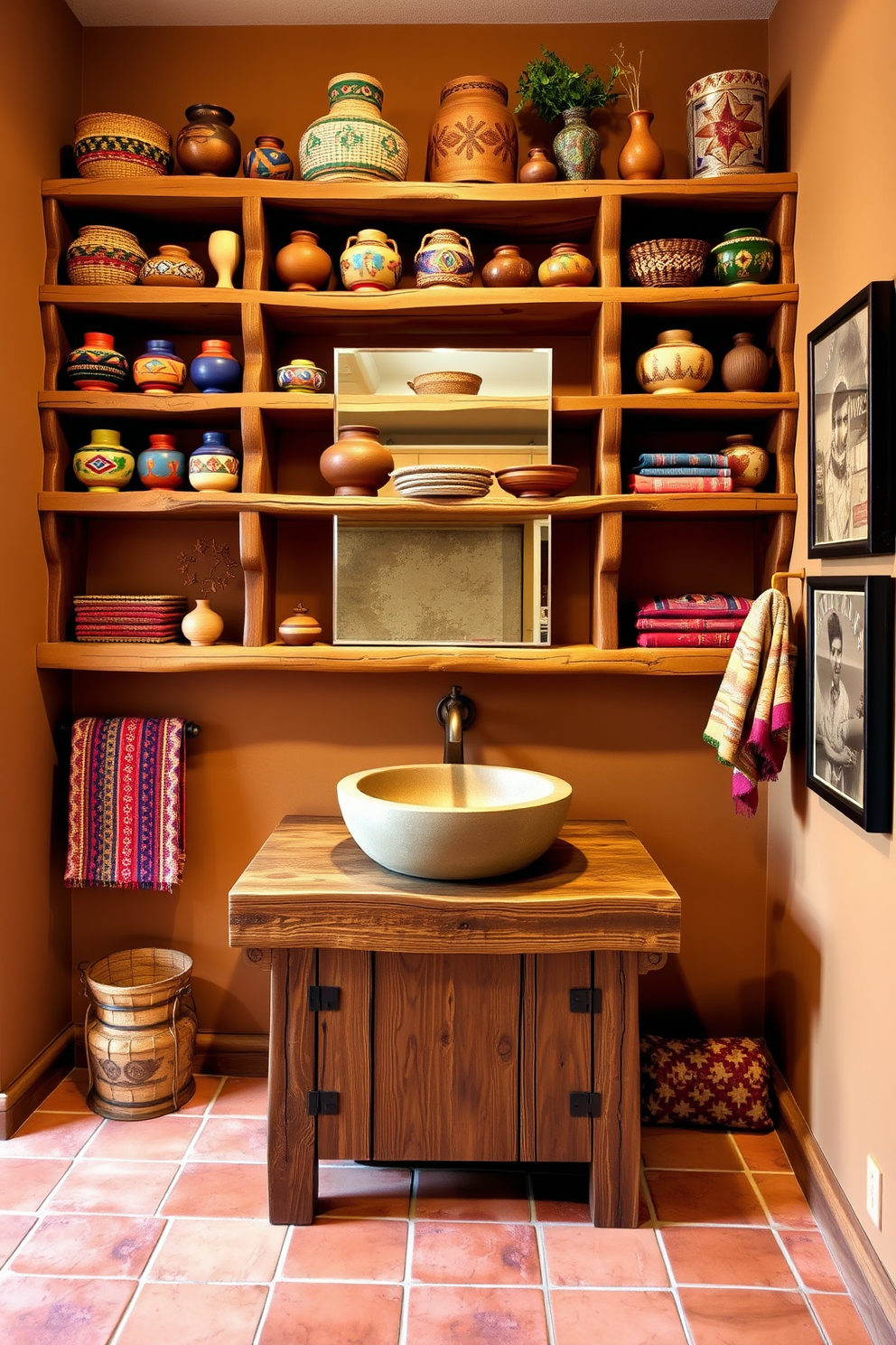 Brightly colored shower curtains with intricate geometric patterns adorn the windows of a Southwestern bathroom. The space features adobe-style walls and terracotta tiles, complemented by rustic wooden accents and vibrant artwork that reflects the region's culture.