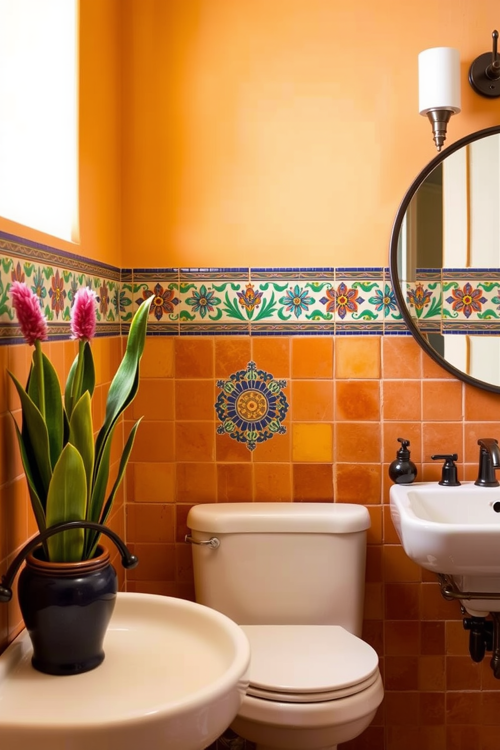 A vibrant Southwestern bathroom featuring an array of cactus and succulent plants arranged on floating shelves. The walls are painted in warm terracotta tones, and a rustic wooden mirror frames the space, enhancing the natural elements. The floor is adorned with colorful patterned tiles that reflect the region's rich heritage. A handcrafted ceramic sink sits atop a reclaimed wood vanity, complemented by earthy accents and natural light streaming through a small window.