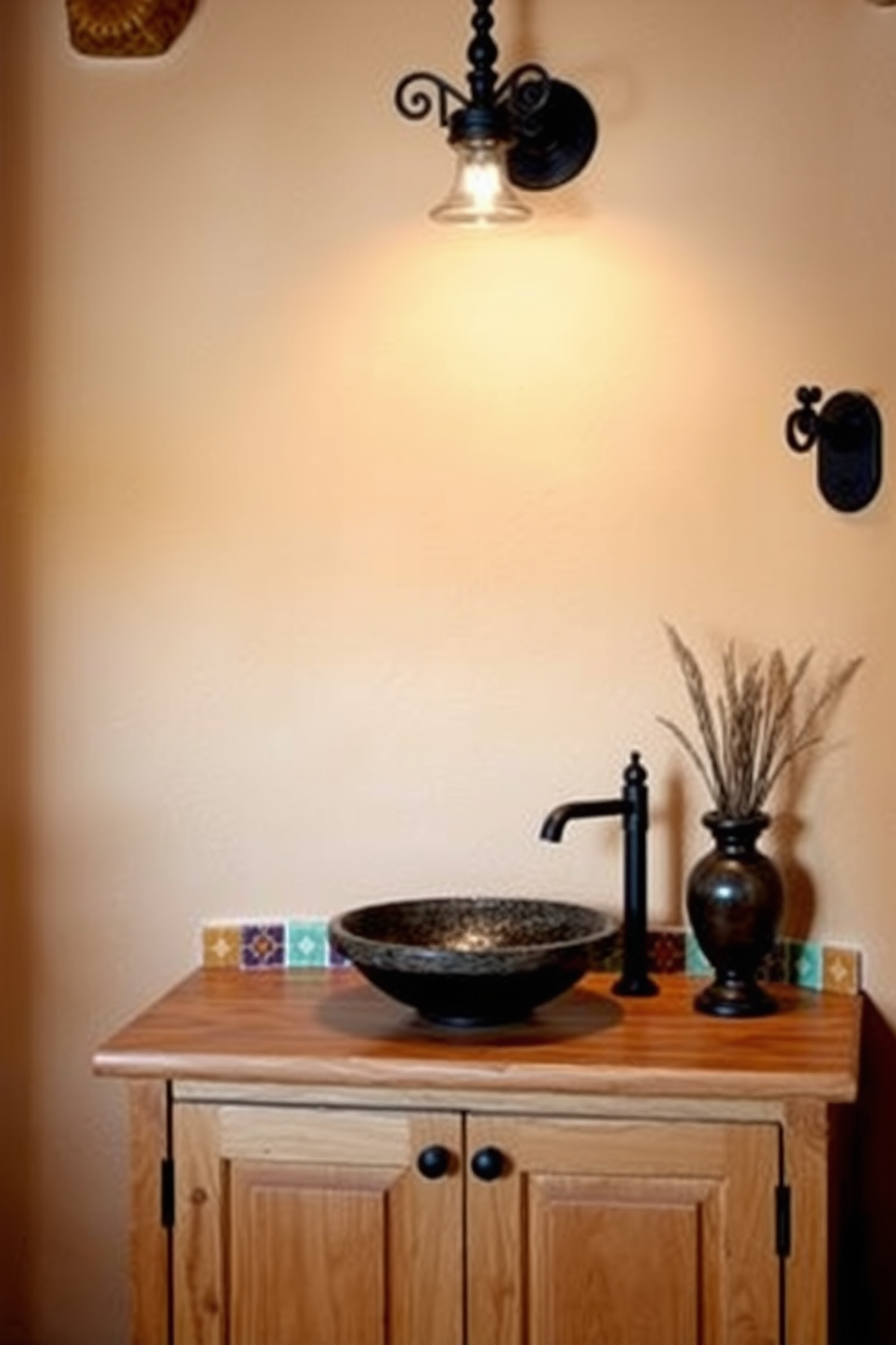 A Southwestern bathroom design featuring woven baskets for storage and organization. The space includes earthy tones with terracotta tiles and rustic wooden accents, creating a warm and inviting atmosphere.