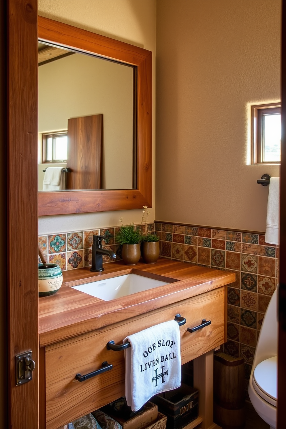 A reclaimed wood vanity adds warmth and character to the space. The bathroom features earthy tones and natural textures to create a cozy Southwestern atmosphere. Decorative tiles with vibrant colors are used for the backsplash, complementing the rustic elements. A large mirror with a wooden frame reflects the natural light, enhancing the inviting ambiance.