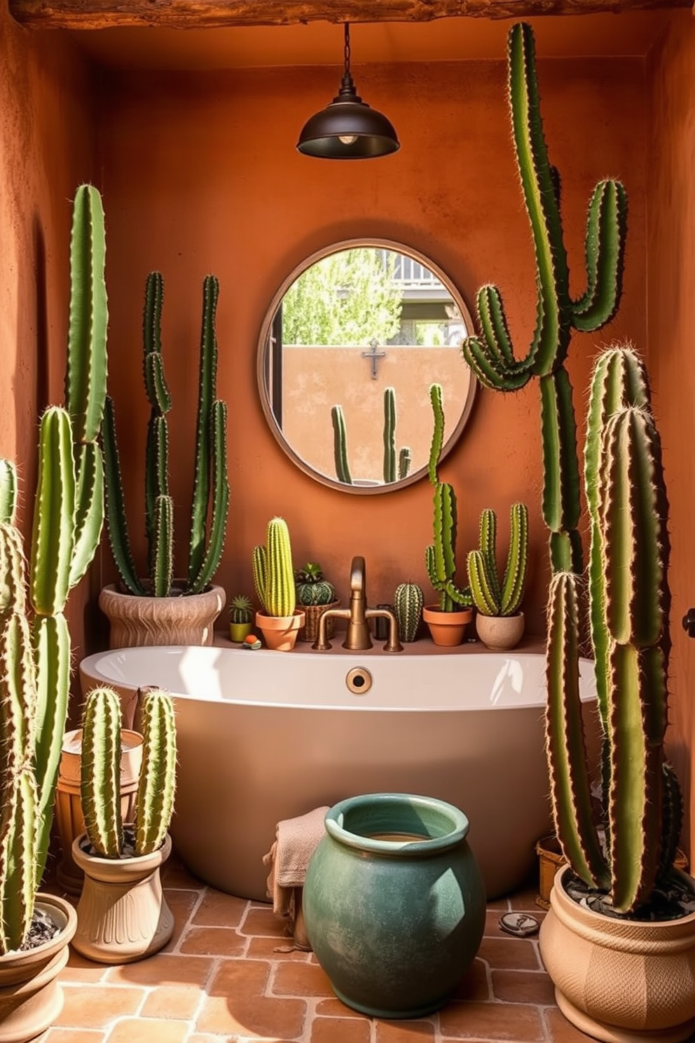 A rustic Southwestern bathroom features adobe-style walls that create a warm and inviting atmosphere. The space is adorned with terracotta tiles and wooden accents, enhancing the earthy aesthetic. A freestanding bathtub is positioned under a window, surrounded by potted cacti and succulents. The vanity is crafted from reclaimed wood, topped with a natural stone sink that complements the overall design.