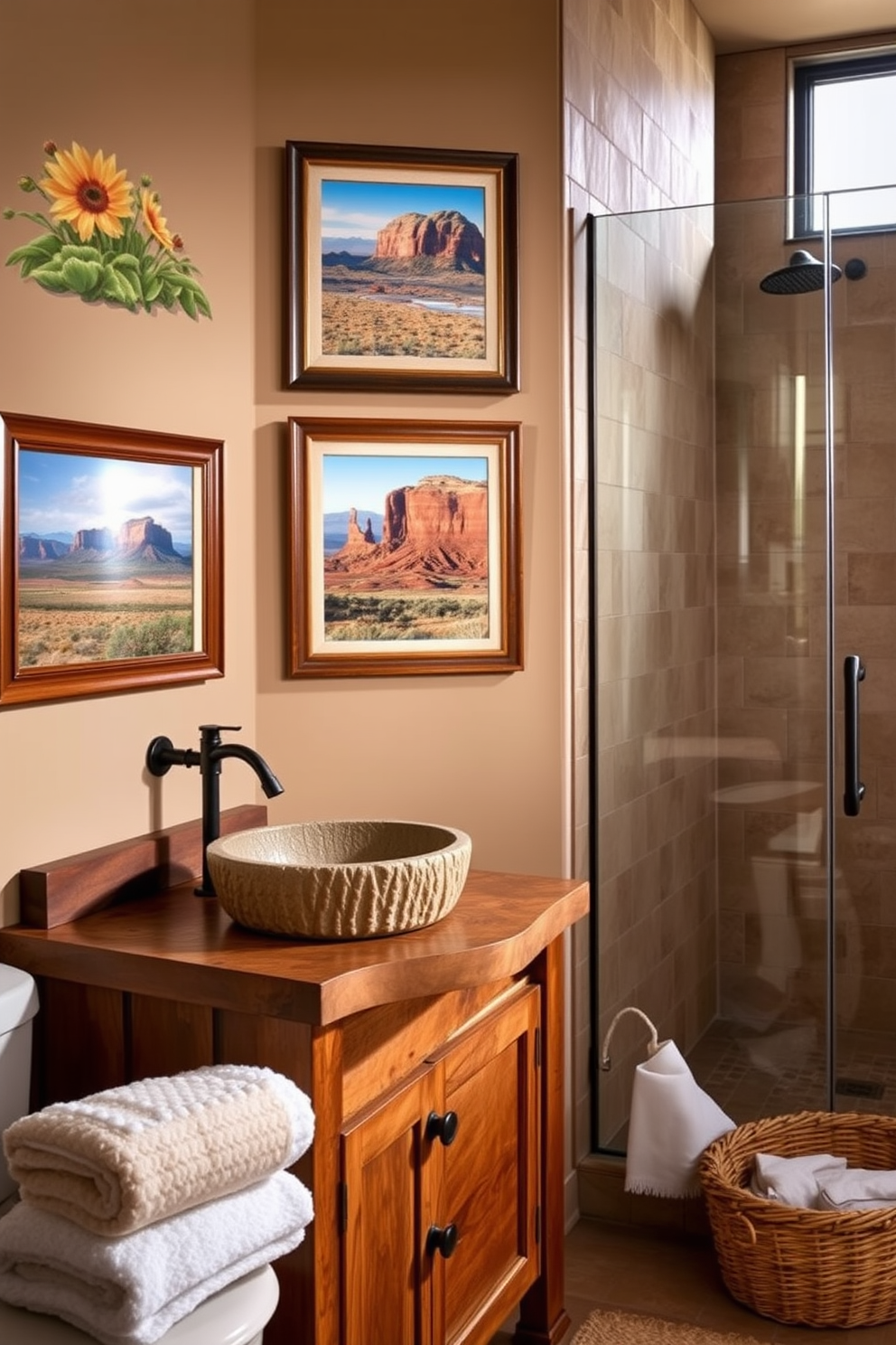 Framed photographs of southwestern landscapes adorn the walls, showcasing vibrant colors and stunning vistas. The bathroom features a rustic wooden vanity with a textured stone sink, blending nature with elegance. The shower area is enclosed with glass, allowing natural light to flood in and highlight the earthy tones of the tiled walls. A woven basket sits in the corner, filled with soft towels, enhancing the cozy southwestern aesthetic.