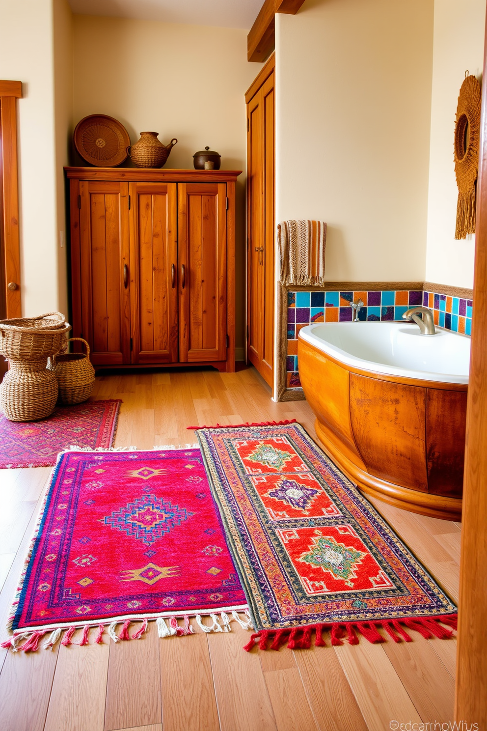 Brightly colored rugs in vibrant hues of red, orange, and turquoise are layered on a natural wood floor, adding warmth and texture to the space. The bathroom features rustic wooden cabinetry with a distressed finish, complemented by a large soaking tub adorned with colorful ceramic tiles. Southwestern-inspired elements are showcased through decorative accents like woven baskets and patterned textiles. The walls are painted in a soft cream color, enhancing the bright colors of the rugs and creating a welcoming atmosphere.