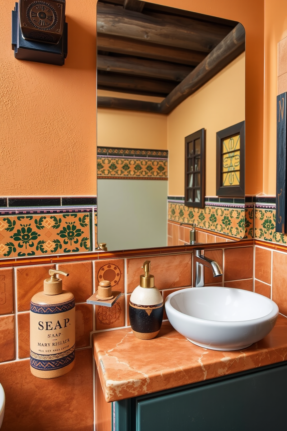 A Southwestern bathroom design featuring handcrafted soap dispensers made from natural materials. The decor includes vibrant ceramic tiles with traditional patterns and warm earthy tones throughout the space.