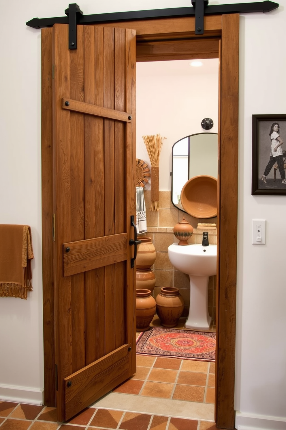 A rustic barn door serves as the entryway to a charming bathroom. The door features weathered wood with iron accents, adding a touch of farmhouse elegance. Inside, the bathroom showcases Southwestern design elements. Colorful tiles in earthy tones adorn the floor, while woven textiles and pottery enhance the warm, inviting atmosphere.