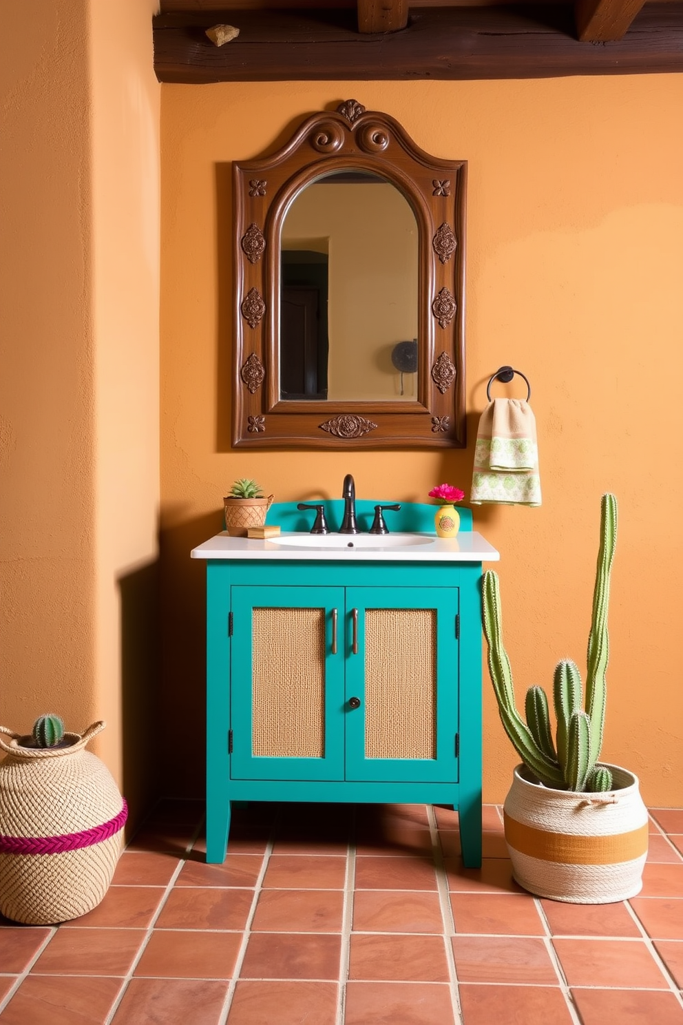 Vibrant turquoise cabinets create a striking focal point in the bathroom, complemented by rustic wooden accents and colorful Southwestern decor. The space features a large mirror framed in distressed wood, with decorative tiles showcasing traditional patterns on the walls and floor.