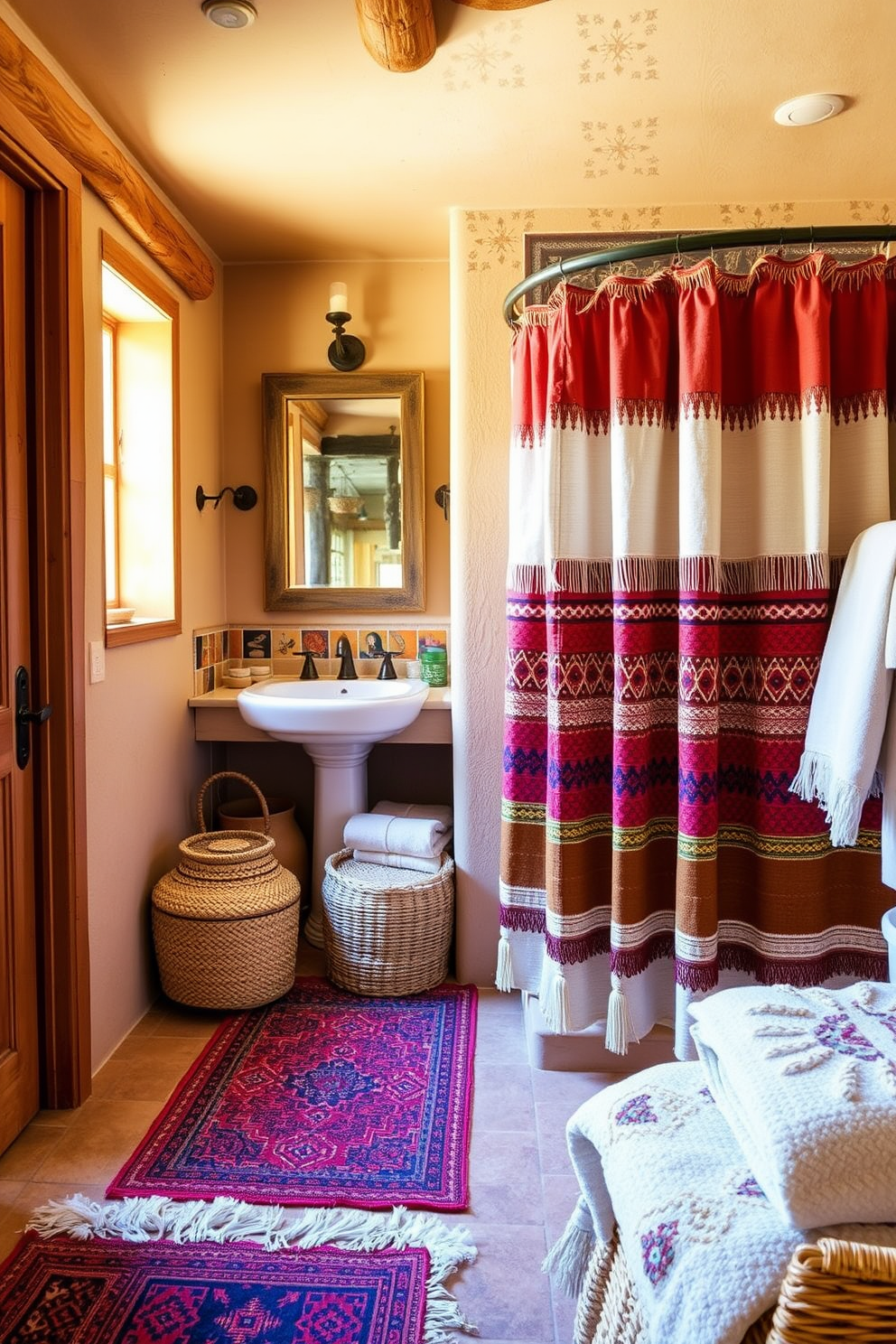 A cozy Southwestern bathroom features layered textiles that enhance warmth and comfort. Richly patterned rugs and woven baskets complement the earthy color palette of terracotta and deep reds. The walls are adorned with natural wood accents and colorful tile work that reflects the region's heritage. Soft, plush towels and a fringed shower curtain add texture and invite relaxation.