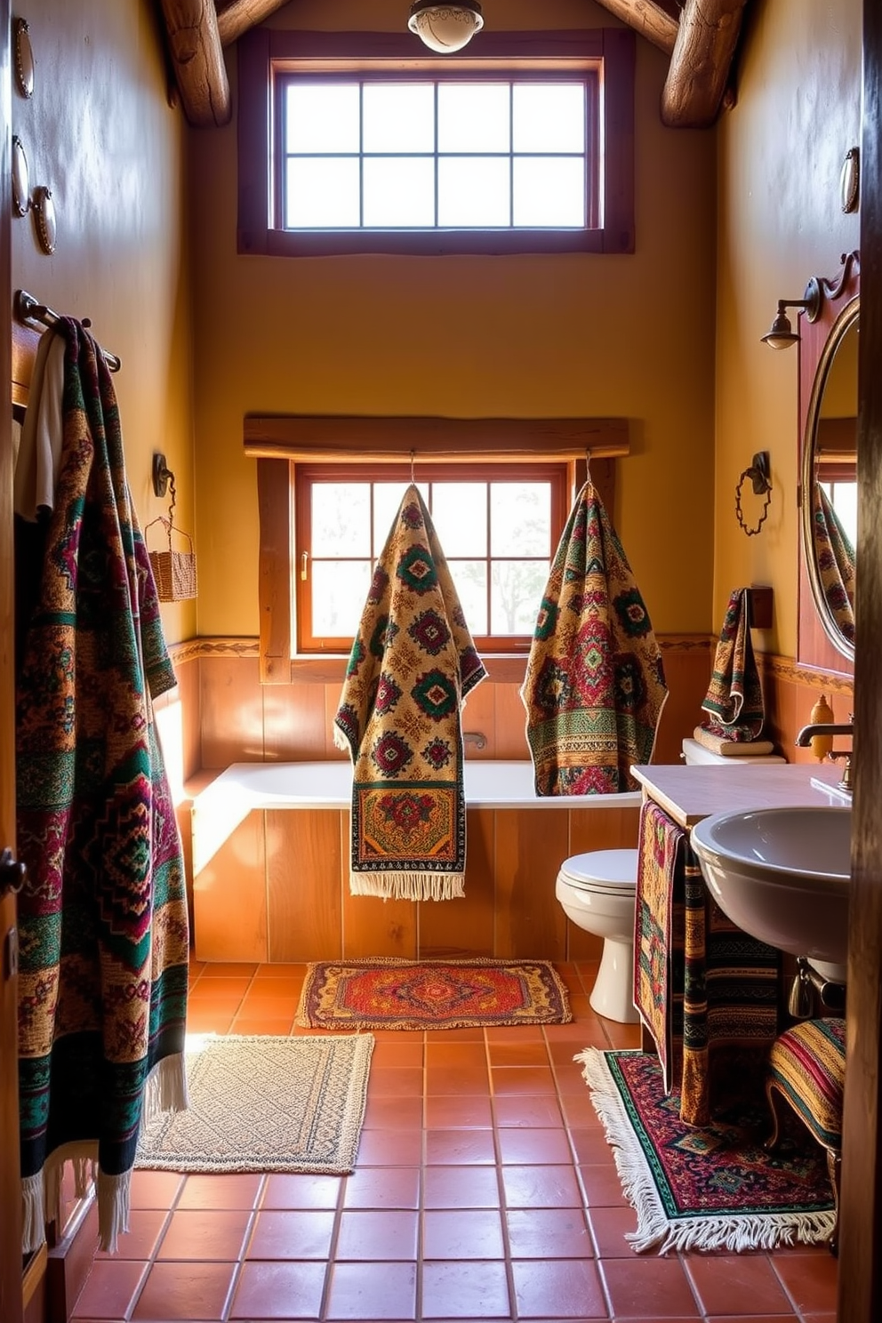 A warm and inviting southwestern bathroom features vibrant patterned towels that add a pop of color and texture. The walls are adorned with rustic wooden accents and earthy tones, creating a cozy atmosphere that reflects southwestern charm. The floor is laid with terracotta tiles, complementing the rich hues of the towels. Natural light floods the space through a large window, highlighting the intricate designs and creating a serene bathing environment.