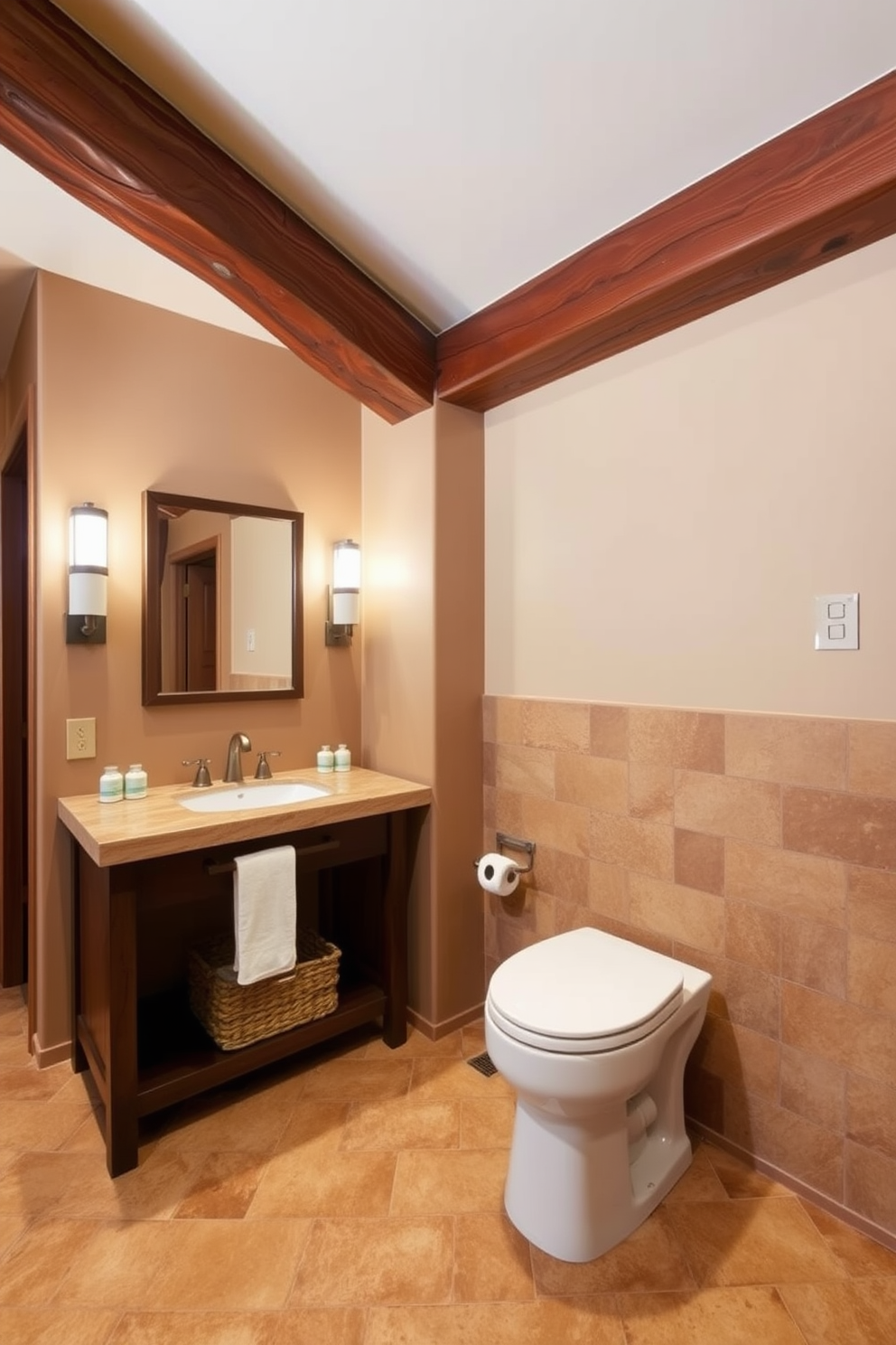 A Southwestern bathroom featuring natural wood beams that add architectural interest to the space. The walls are adorned with earthy tones and textured tiles, creating a warm and inviting atmosphere.