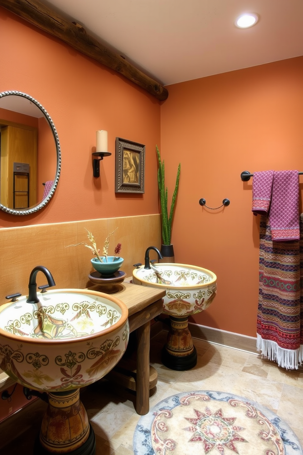 A Southwestern bathroom featuring ceramic sinks adorned with intricate designs. The walls are painted in warm earth tones, complemented by rustic wooden accents and vibrant textiles.