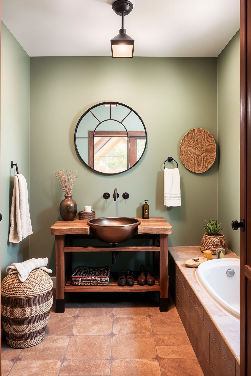 A Southwestern bathroom design featuring handmade soap dishes and dispensers. The space showcases earthy tones with terracotta tiles and rustic wooden accents, creating a warm and inviting atmosphere.