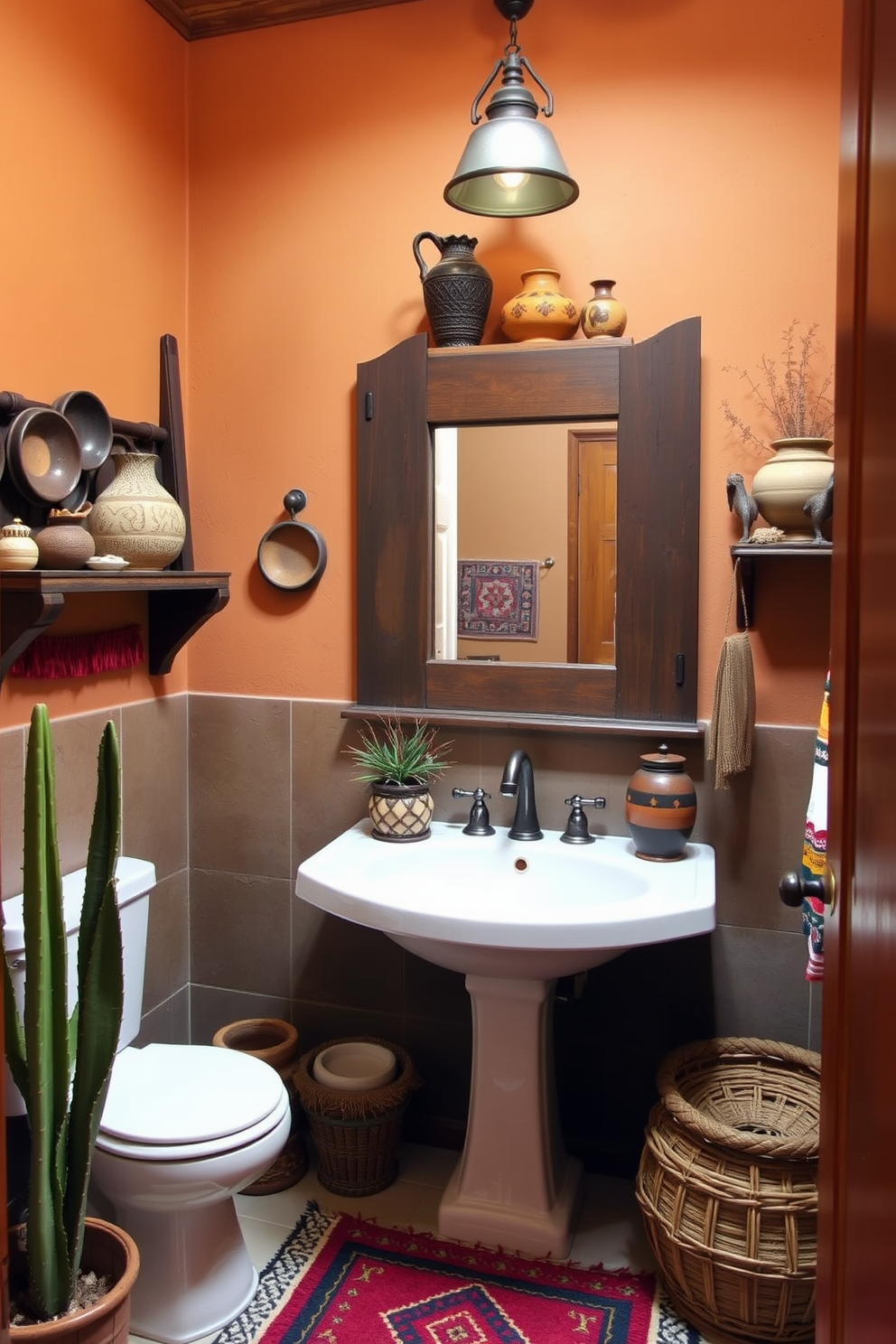 A charming southwestern bathroom featuring vintage pottery as decor. The walls are adorned with warm earth tones, and colorful woven textiles complement the rustic wooden accents.