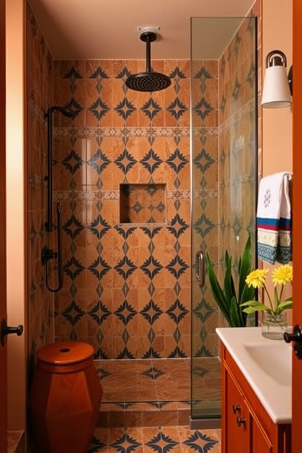 A Southwestern bathroom featuring bold geometric patterns in the shower tiles. The color palette includes warm earth tones and vibrant accents, creating a cozy and inviting atmosphere.