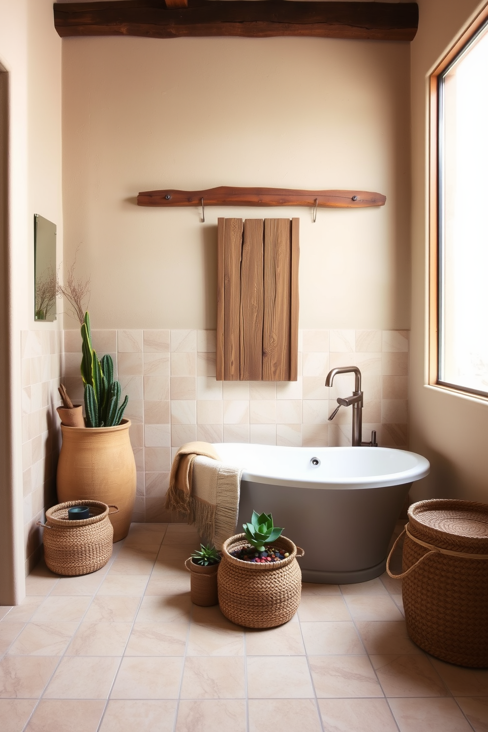 A vibrant southwestern bathroom featuring vintage prints as wall art. The walls are adorned with colorful patterns that evoke a sense of warmth and cultural heritage. The space includes a rustic wooden vanity with a deep sink and a bronze faucet. Natural light streams in through a small window, highlighting the earthy tones of the decor.