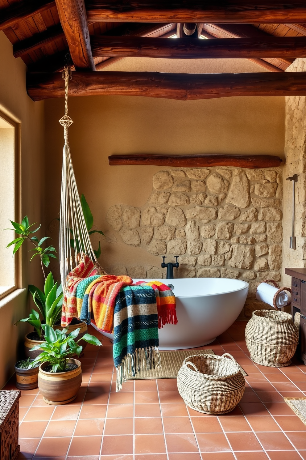 A Southwestern bathroom with textured walls featuring stucco finishes creates a warm and inviting atmosphere. The space is accented with earthy tones, rustic wooden accents, and vibrant ceramic tiles that reflect the region's rich culture.