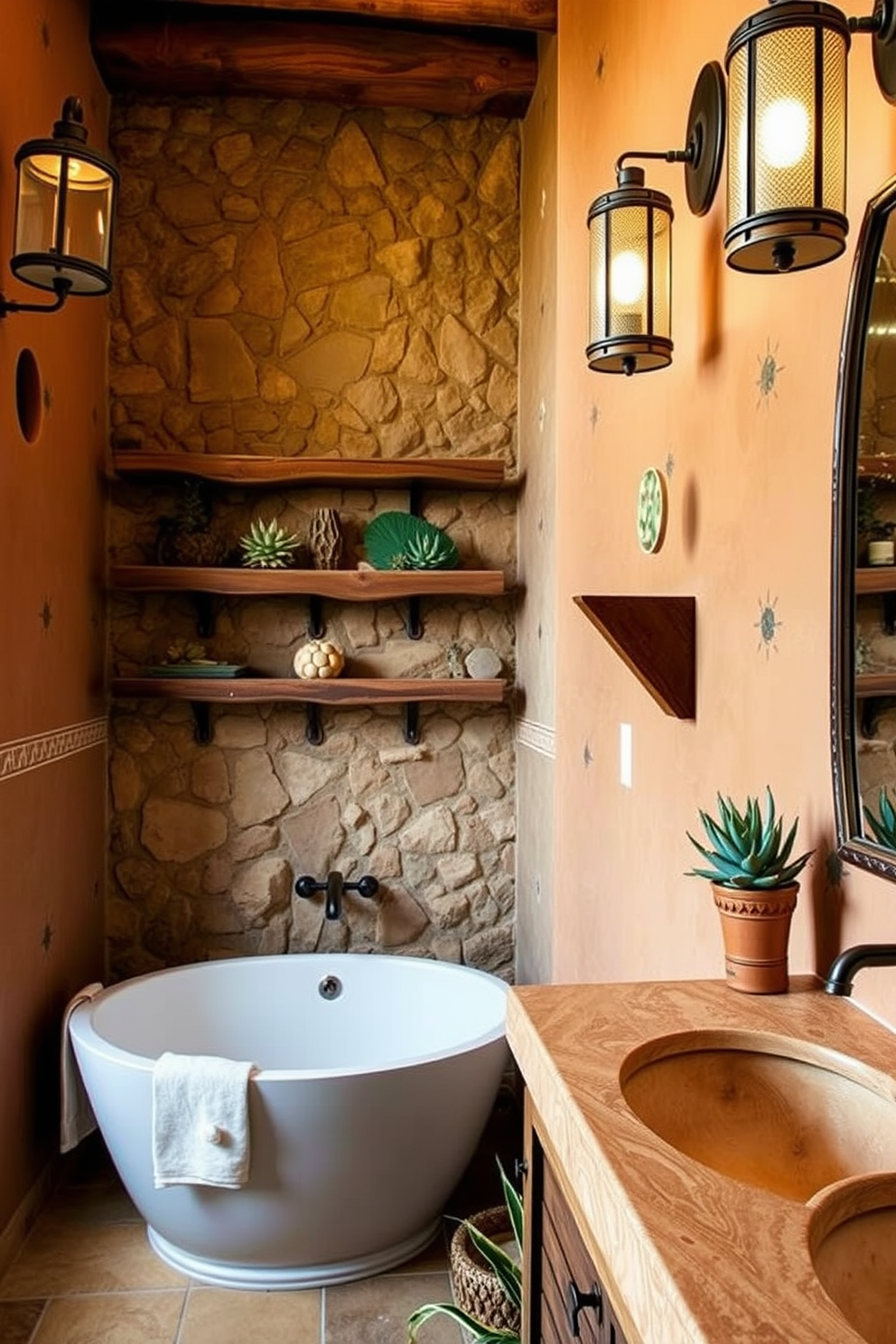 A Southwestern bathroom features warm earth tones and rustic textures. The walls are adorned with decorative tiles, and wall-mounted lanterns provide soft ambient lighting, creating a cozy atmosphere. A freestanding bathtub sits against a textured stone wall, complemented by wooden shelving displaying natural elements. Succulent plants add a touch of greenery, enhancing the overall organic feel of the space.