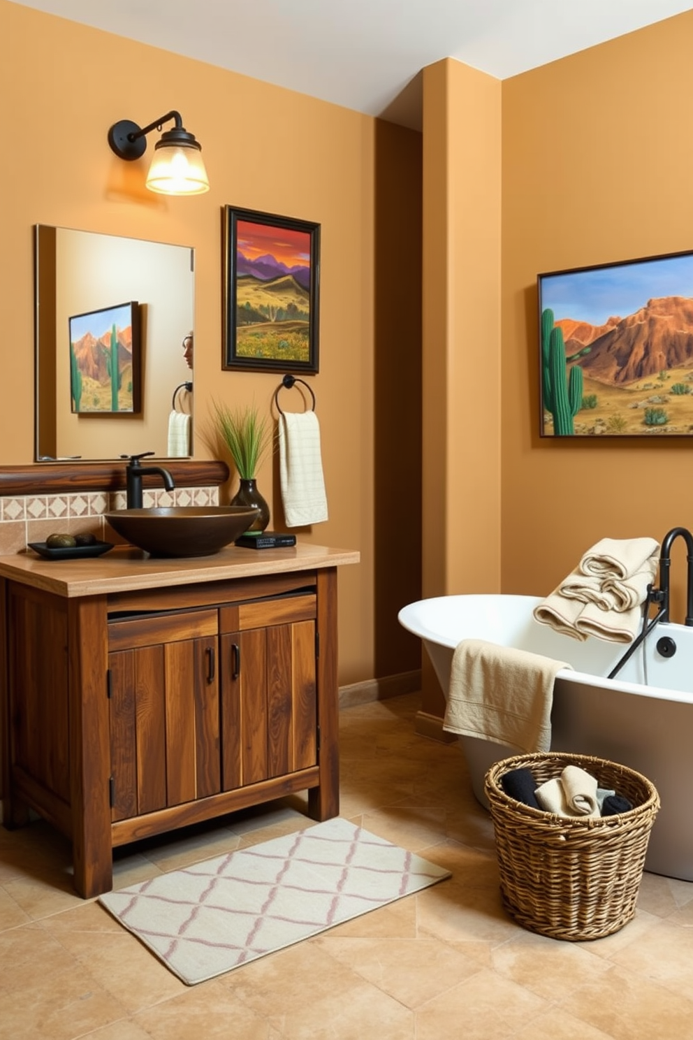 Desert-themed artwork adorns the walls, featuring vibrant colors and desert landscapes that evoke a sense of tranquility. The bathroom showcases a rustic wooden vanity with a sandstone countertop, complemented by a stylish vessel sink. The walls are painted in warm earth tones, creating a cozy atmosphere. A woven basket filled with natural towels sits beside the freestanding bathtub, enhancing the Southwestern aesthetic.