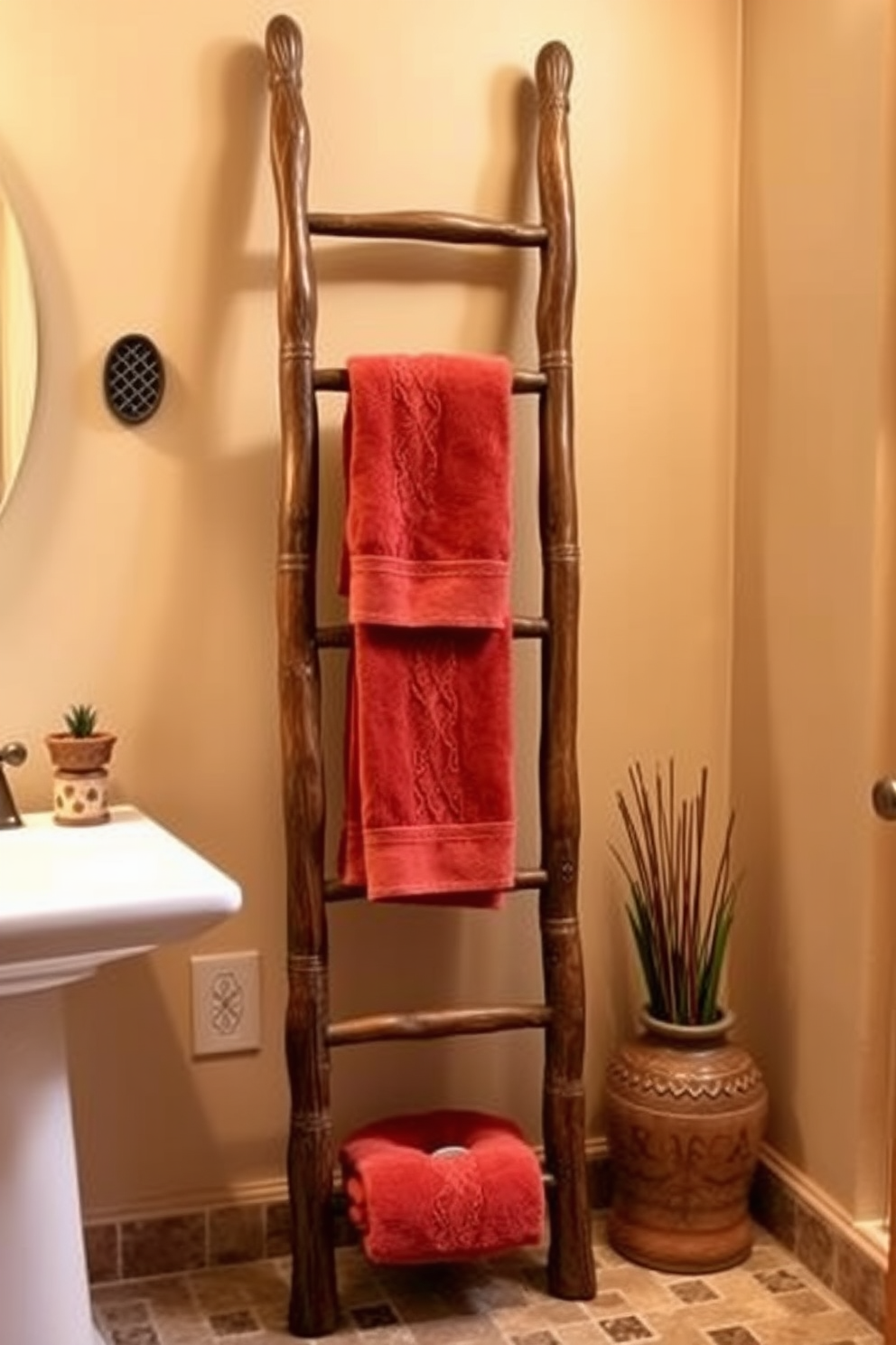 A decorative wooden ladder is elegantly positioned against the wall, showcasing plush towels in warm earth tones. The ladder complements the rustic charm of the Southwestern bathroom, which features adobe-style tiles and vibrant accents.