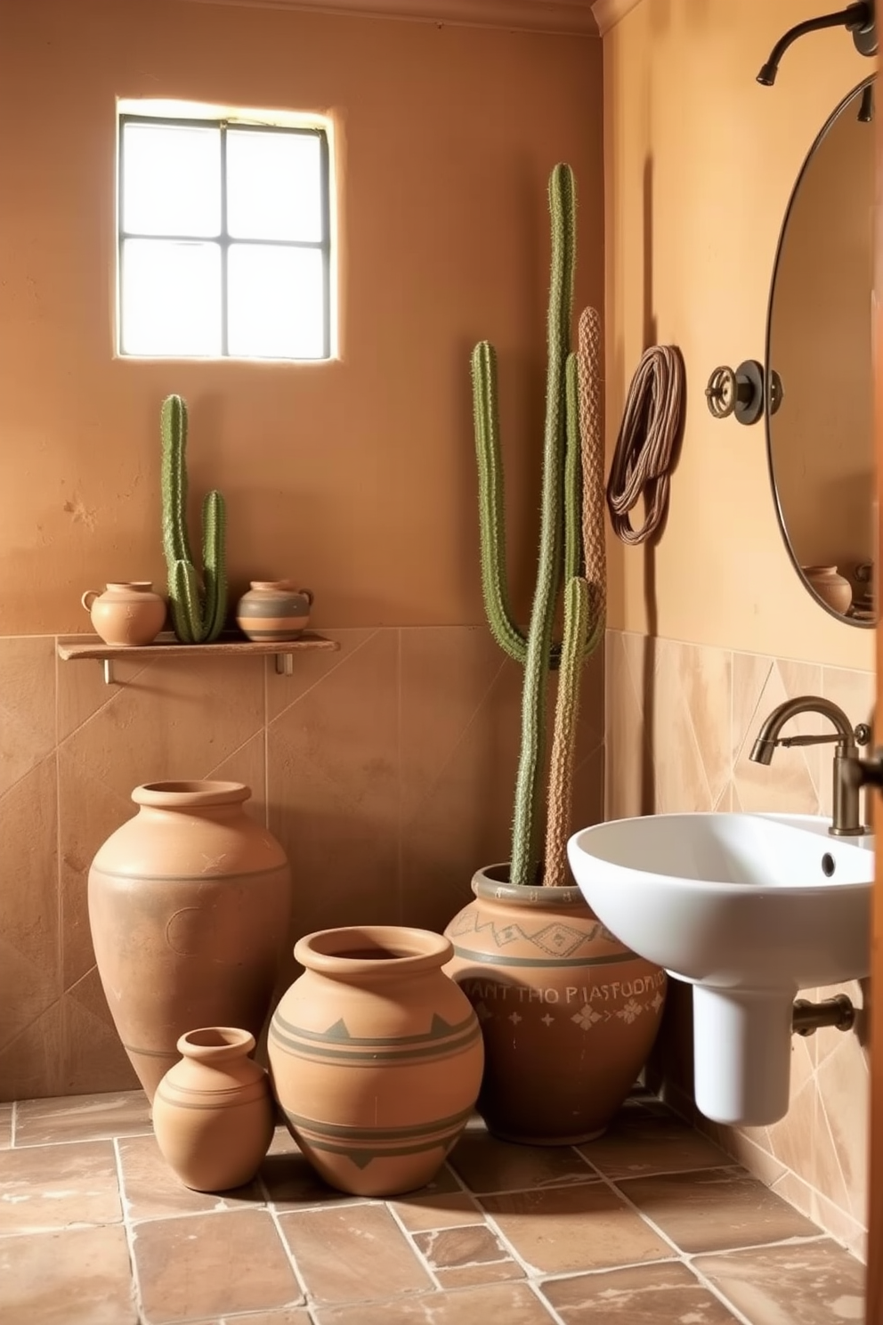 A Southwestern bathroom design featuring handcrafted pottery and ceramic accessories. The space is adorned with warm earth tones, showcasing vibrant ceramic tiles and a rustic wooden vanity.