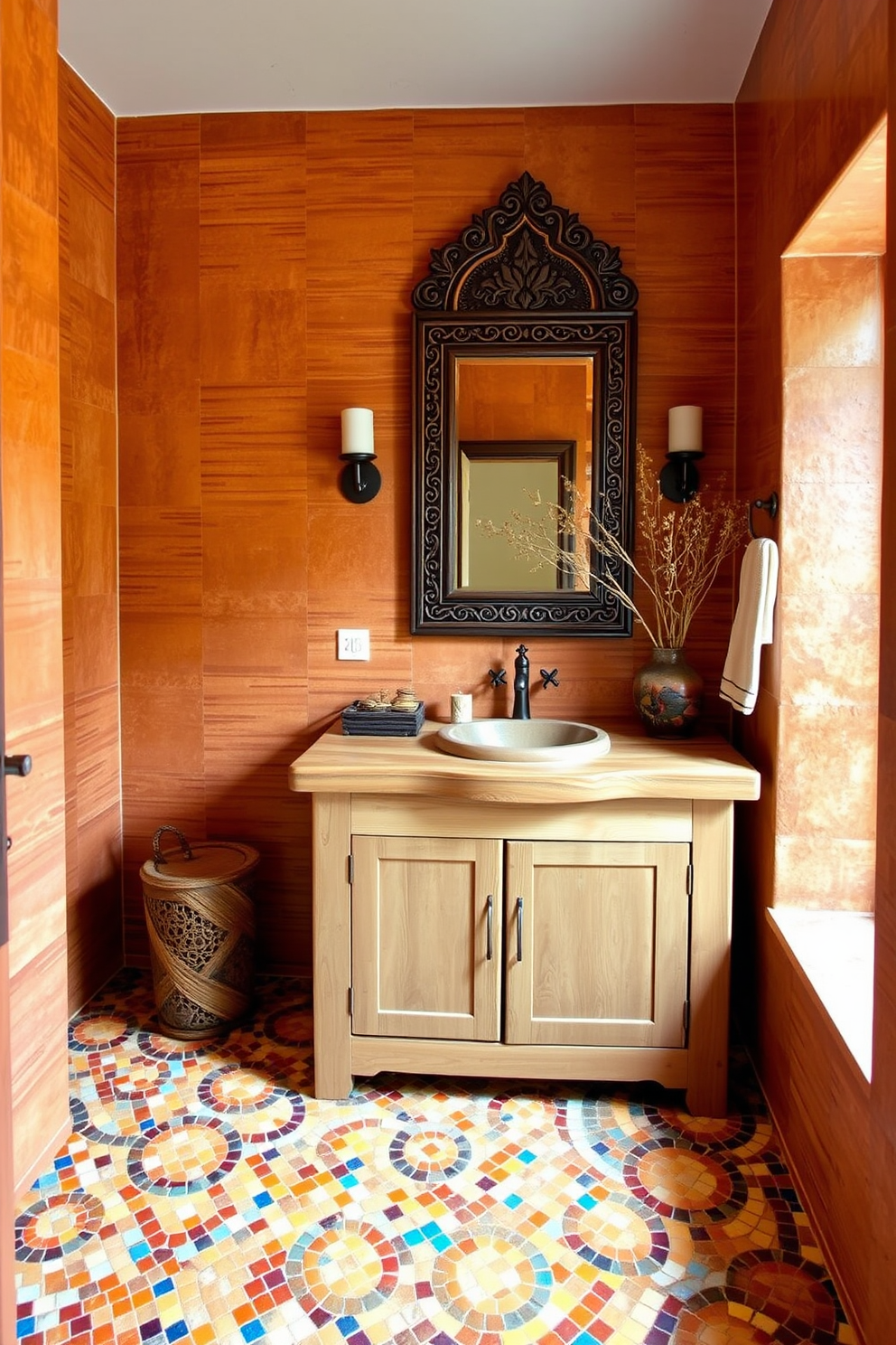 Textured ceramic tiles in warm colors create a vibrant and inviting atmosphere in a Southwestern bathroom. The walls are adorned with earthy tones, and the floor features a stunning mosaic pattern that complements the overall design. A rustic wooden vanity with a natural finish is paired with a deep sink, enhancing the organic feel of the space. Above the vanity, a handcrafted mirror with intricate details reflects the warmth of the surrounding decor.