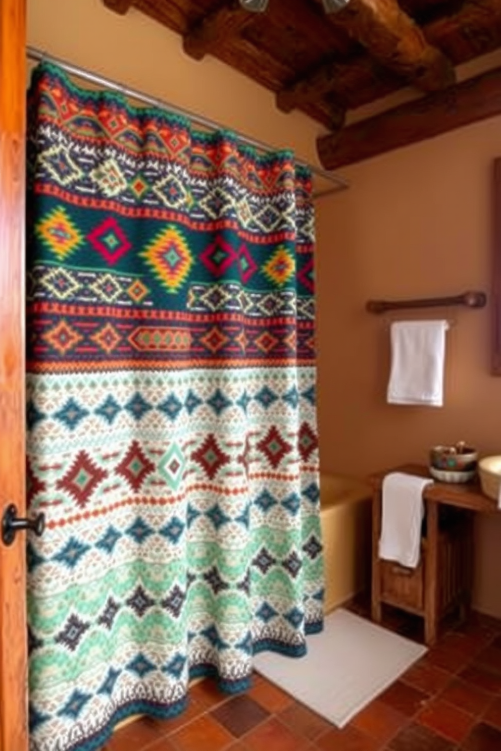 A Southwestern bathroom featuring earthy tones complemented by bold contrasting colors. The walls are adorned with terracotta tiles, and a rustic wooden vanity showcases a vibrant turquoise sink. Decorative elements include woven baskets and colorful textiles that enhance the warm ambiance. A large window allows natural light to flood the space, highlighting the unique ceramic accents throughout the room.