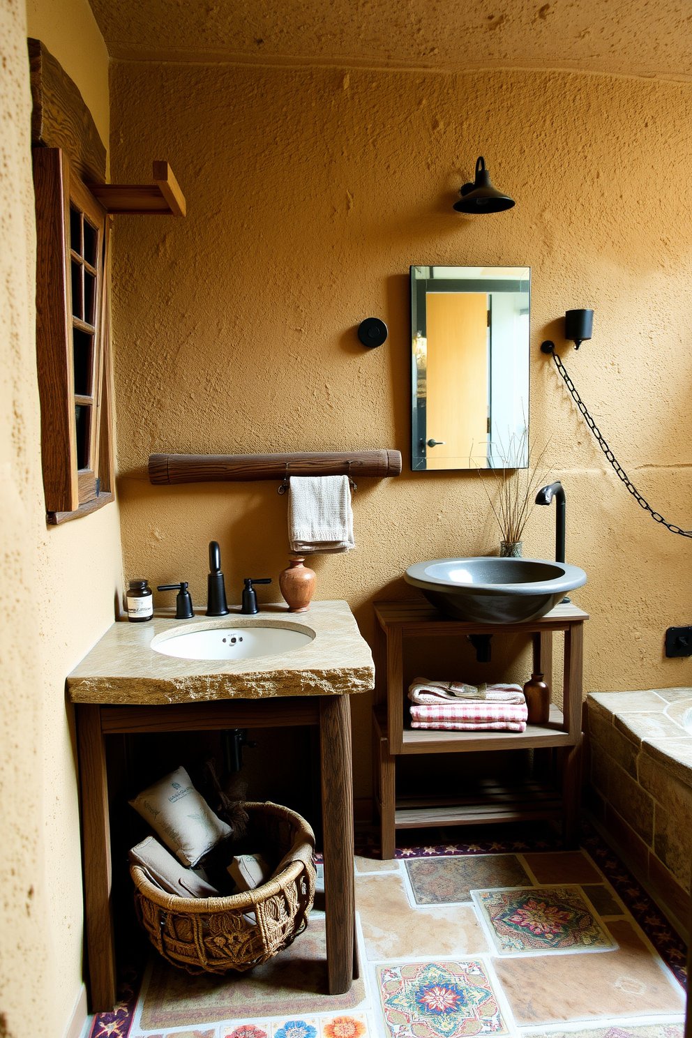 A rustic bathroom featuring natural stone countertops adds warmth and character to the space. The design incorporates earthy tones with wooden accents and Southwestern-inspired decor elements. The walls are adorned with textured plaster, complementing the natural stone surfaces. Colorful tiles in traditional patterns enhance the overall aesthetic, creating a cozy and inviting atmosphere.