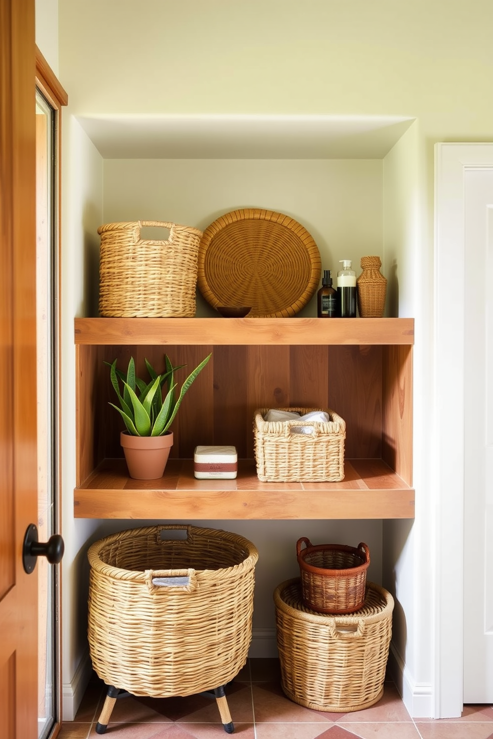 A Southwestern bathroom design featuring woven baskets as stylish storage solutions. The baskets are placed on open shelves and under the vanity, adding texture and warmth to the space.