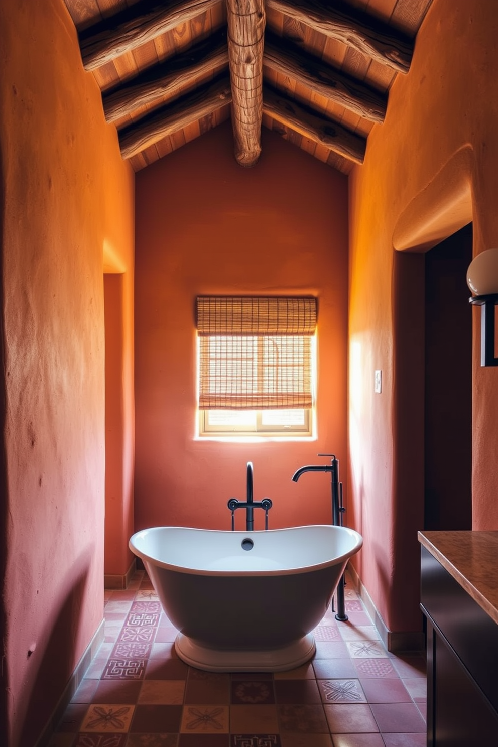 A Southwestern bathroom design featuring a sunset-inspired color palette with warm oranges, deep reds, and soft yellows. The walls are adorned with textured stucco, and rustic wooden beams frame the ceiling, creating a cozy and inviting atmosphere. A freestanding bathtub sits in the center, surrounded by decorative tiles in earthy tones. Natural light filters through a window dressed with woven shades, casting a warm glow across the space.