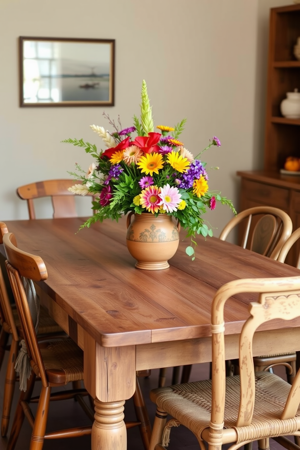 A rustic wooden dining table is adorned with a vibrant centerpiece featuring an assortment of colorful flowers and greenery in a handcrafted ceramic vase. Surrounding the table are mismatched chairs that reflect a warm Southwestern aesthetic, with woven textiles and earthy tones enhancing the inviting atmosphere.