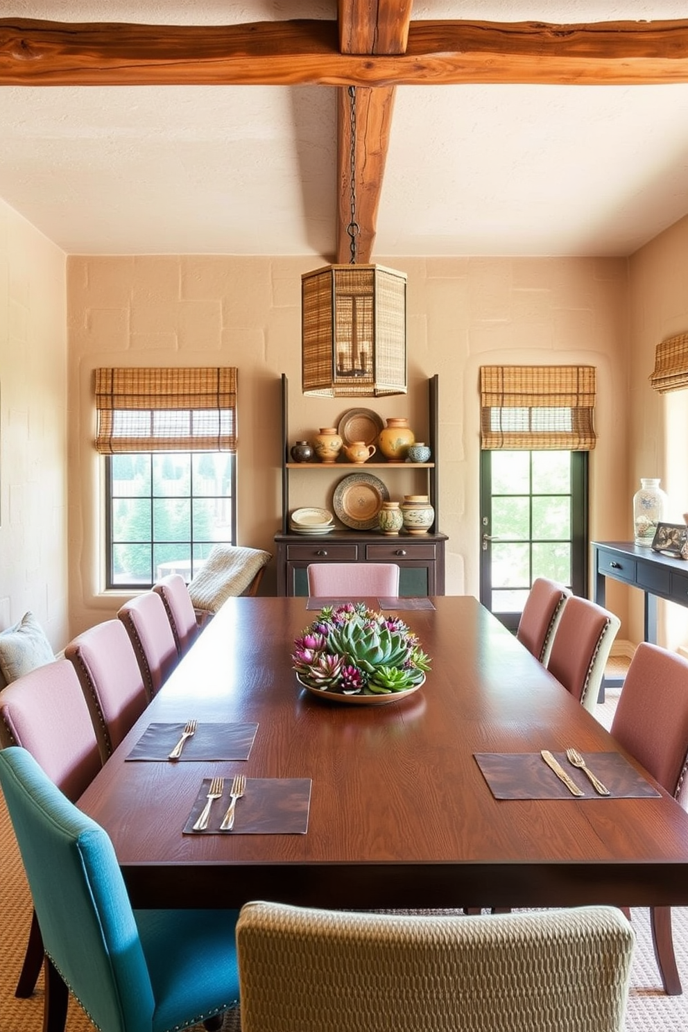 A charming Southwestern dining room features an antique wooden sideboard with intricate carvings and a rich finish. The sideboard is adorned with colorful textiles and handcrafted pottery, reflecting the vibrant culture of the region.