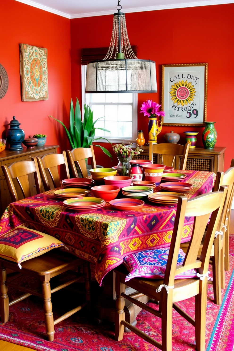 A vibrant dining room setting filled with bright colors. The table is adorned with a colorful tablecloth featuring bold geometric patterns, and an array of mismatched ceramic plates in vivid hues. Surrounding the table are rustic wooden chairs with colorful cushions that add a playful touch. The walls are painted in a warm terracotta shade, complemented by decorative wall art inspired by Southwestern motifs.