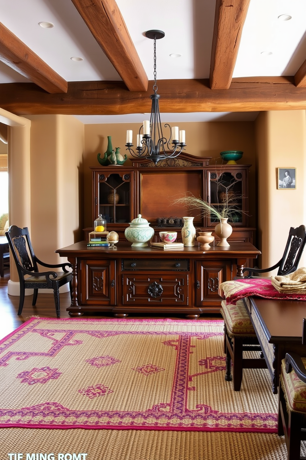 A classic southwestern style buffet table is the focal point of the dining room. It features rich wooden tones with intricate carvings and is adorned with colorful ceramic dishes and rustic decor items. The dining room is designed with warm earth tones and vibrant textiles. A large woven rug anchors the space, while adobe-style walls and wooden beams enhance the southwestern aesthetic.