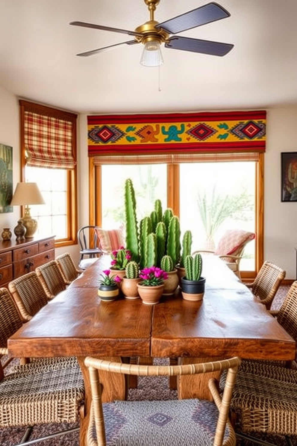 A Southwestern dining room features a rustic wooden table surrounded by woven chairs. At the center of the table, a collection of vibrant cactus plants in decorative pots adds a unique focal point to the space. The walls are adorned with colorful textiles and desert-themed artwork that reflect the region's culture. Natural light floods the room through large windows, enhancing the warm earthy tones of the furnishings.