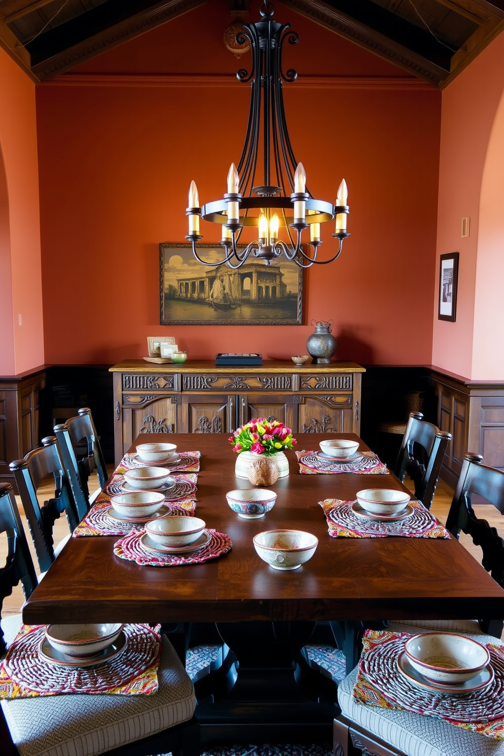 A rustic wooden sideboard with intricate carvings serves as the focal point of the dining room. Surrounding the sideboard, a large wooden dining table is adorned with colorful woven placemats and handcrafted ceramic dishes. The walls are painted in warm earth tones, complementing the rich wood tones. A statement chandelier made of wrought iron hangs above the table, casting a warm glow over the space.