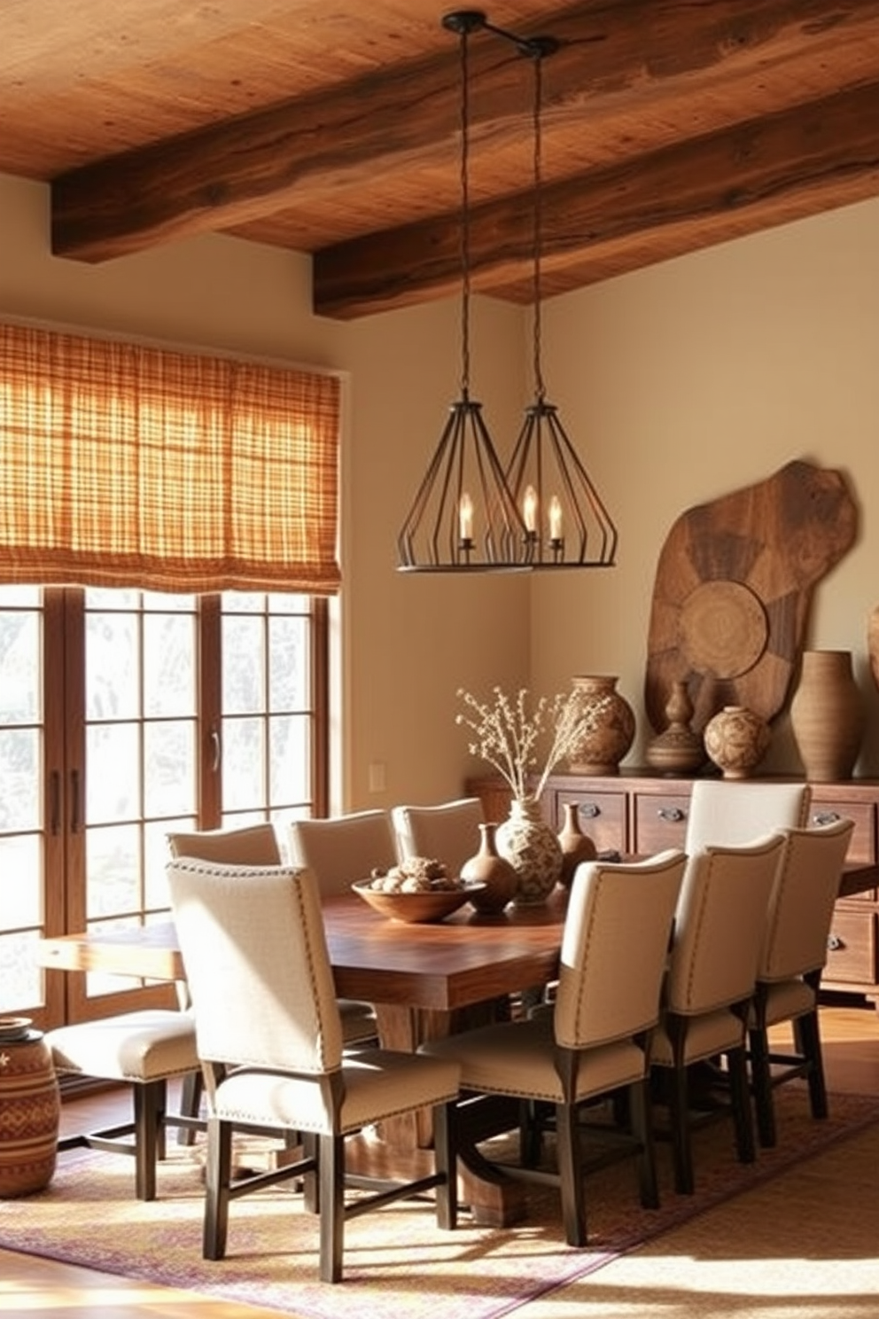 Layered lighting creates an inviting ambiance in a Southwestern dining room. The space features a rustic wooden dining table surrounded by comfortable upholstered chairs, with pendant lights hanging above to provide warm illumination. Natural light floods in through large windows adorned with woven shades. Earthy tones dominate the decor, complemented by vibrant textiles and decorative pottery that enhance the Southwestern aesthetic.