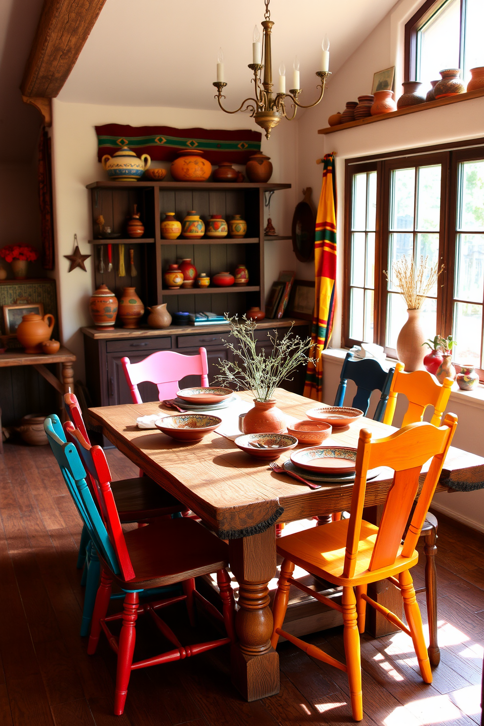 A bright and inviting dining room features large windows adorned with southwestern patterned curtains that bring warmth and character to the space. The room is filled with a rustic wooden dining table surrounded by colorful upholstered chairs, creating a perfect setting for family gatherings. The walls are painted in a soft beige tone, complementing the vibrant patterns of the curtains. A statement chandelier hangs above the table, adding a touch of elegance to the southwestern design theme.