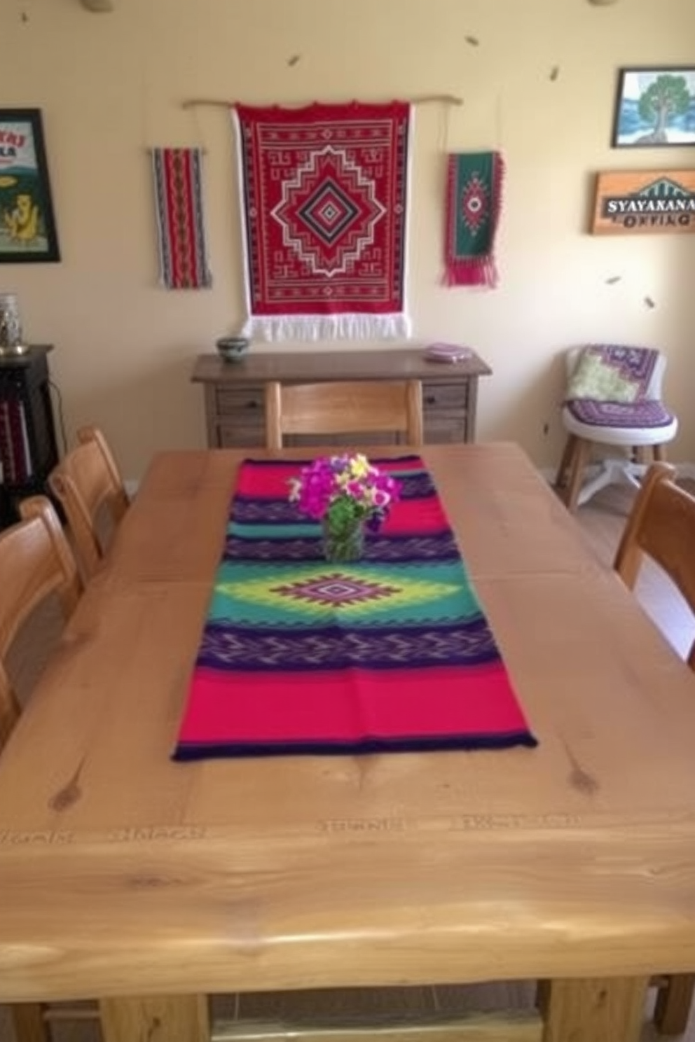 Brightly colored table runners add a vibrant contrast to the rustic wooden dining table. The room features adobe-style walls adorned with colorful artwork and traditional Southwestern textiles.