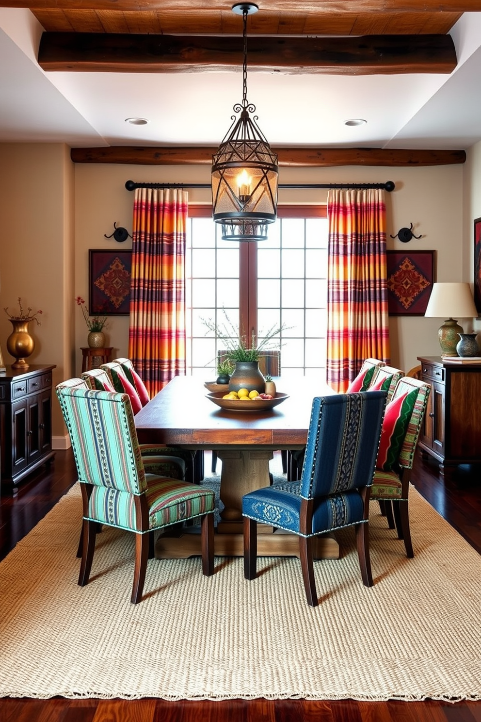 A Southwestern dining room features a rustic wooden table surrounded by colorful upholstered chairs. Above the table, hanging lanterns provide warm lighting, casting a cozy glow across the space. The walls are adorned with earthy tones and traditional patterns, complementing the vibrant textiles used in the decor. A large woven rug anchors the room, adding texture and warmth to the overall design.