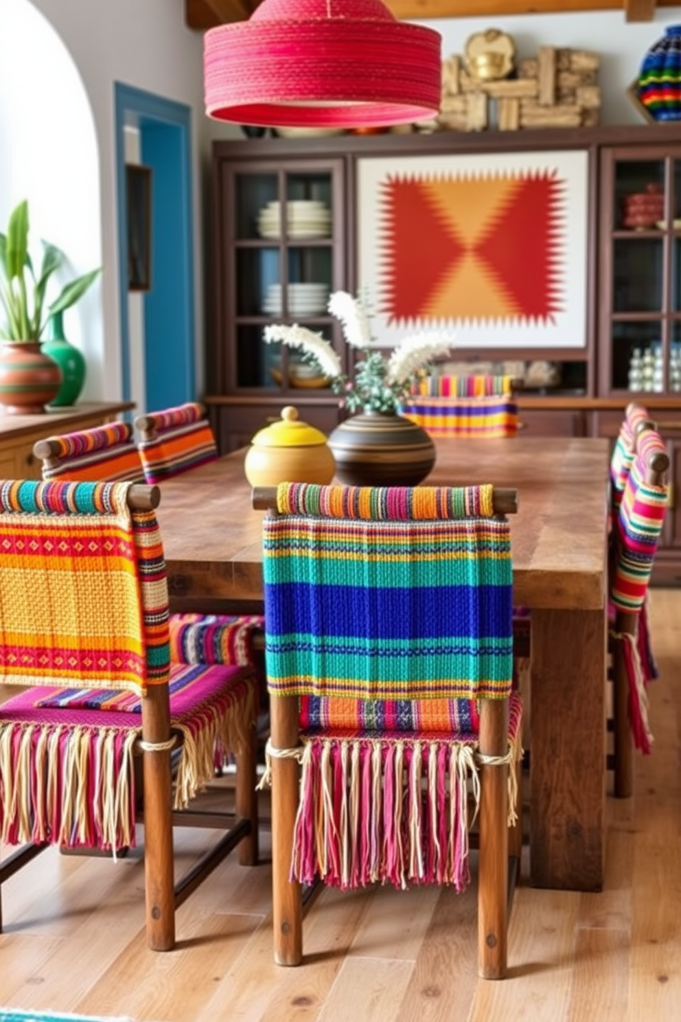 A Southwestern dining room featuring an earthy color palette with warm tones. The walls are adorned with terracotta hues, complemented by wooden beams across the ceiling. A rustic wooden dining table is surrounded by woven chairs, creating a cozy atmosphere. Decorative pottery and cacti are placed on the table, enhancing the room's natural charm.