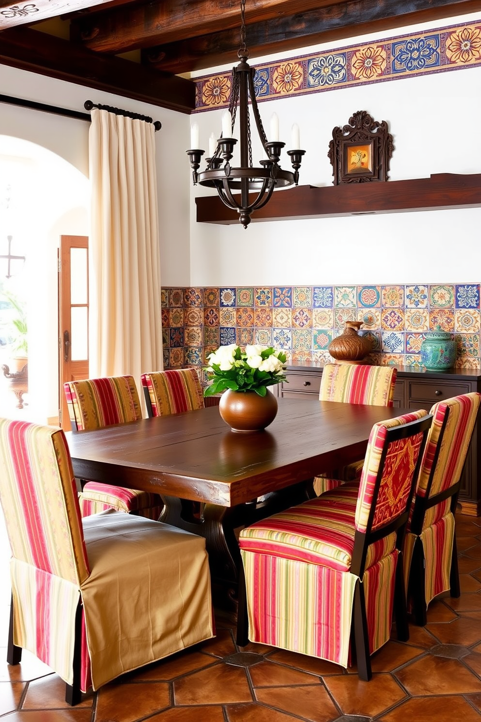 A Southwestern dining room featuring traditional Spanish tiles as accents. The room includes a rustic wooden dining table surrounded by colorful upholstered chairs, with a vibrant tile backsplash showcasing intricate patterns.