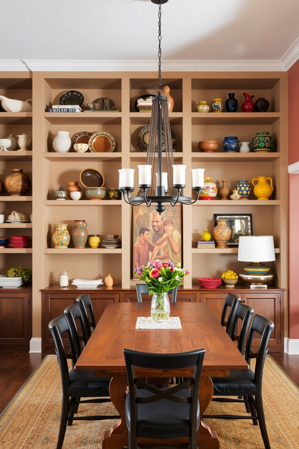 A warm and inviting dining room features open shelving that showcases a curated collection of decorative items and vibrant pottery. The walls are adorned with earthy tones, and a rustic wooden dining table is centered beneath a statement chandelier.